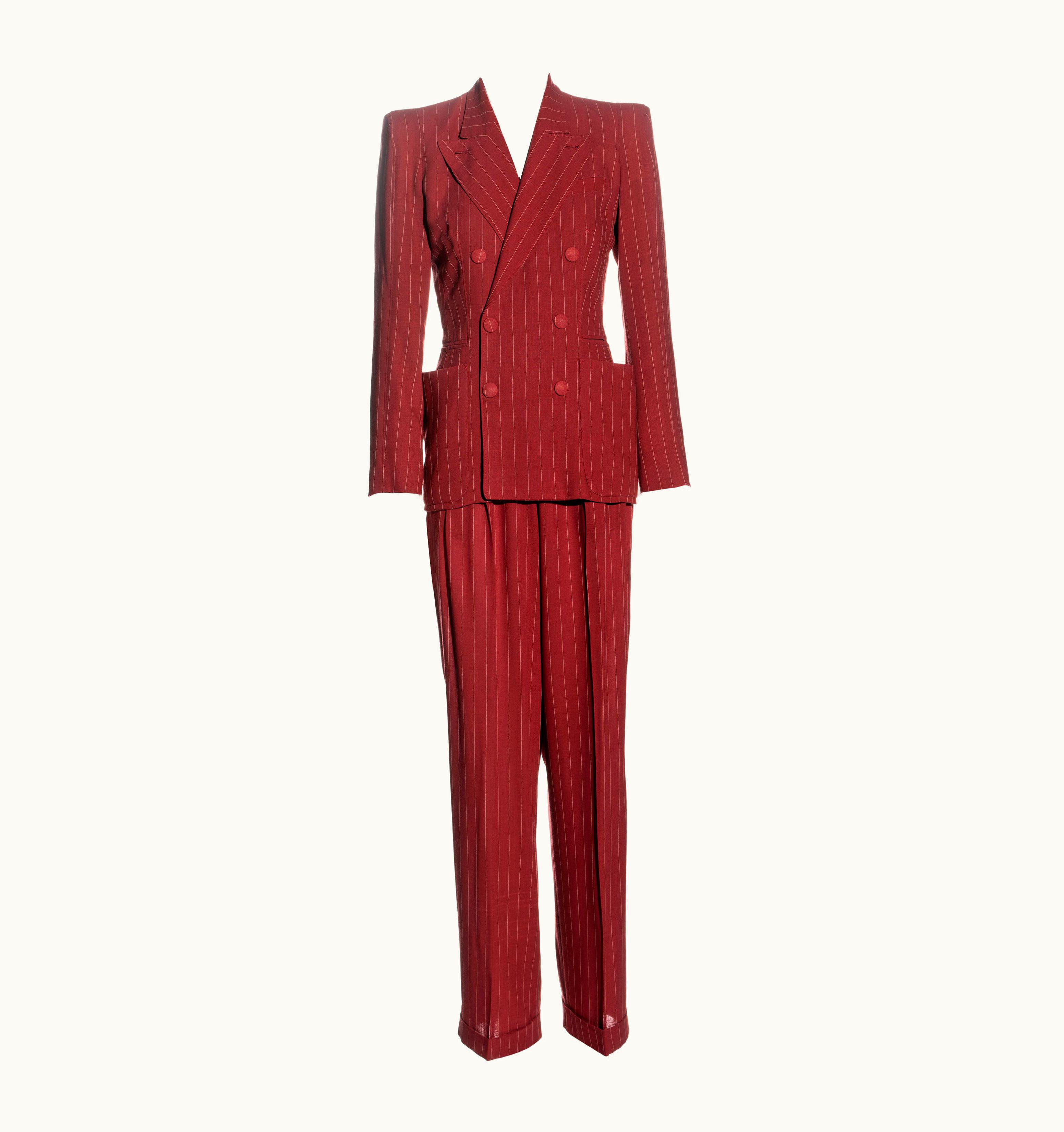 Jean-Paul Gaultier Jean Paul Gaultier Red Pinstripe Linen Pant Suit, S/S 1993