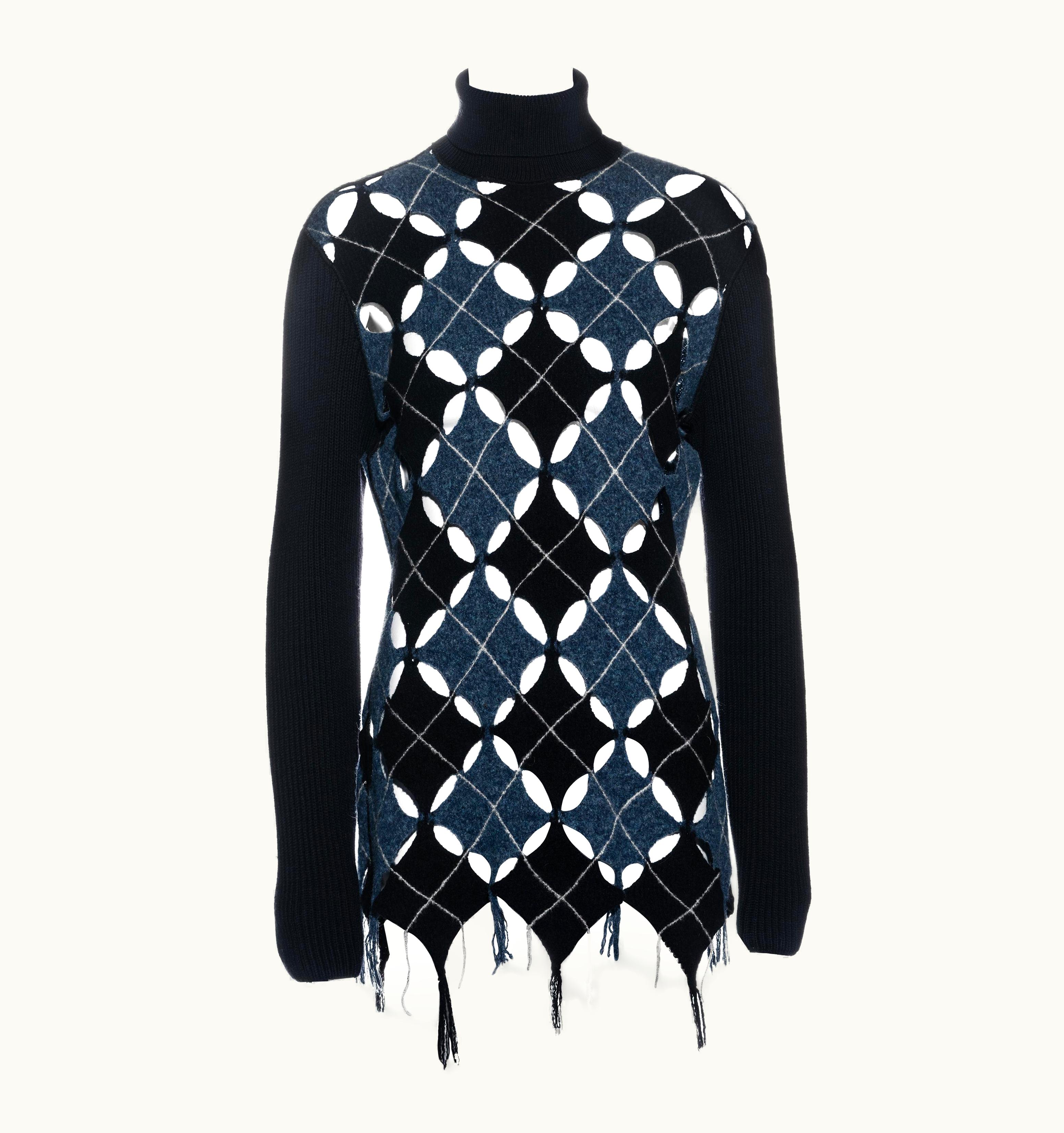 Jean-Paul Gaultier Jean Paul Gaultier Blue Boiled Wool Argyle Sweater With Cutouts, AW 1993