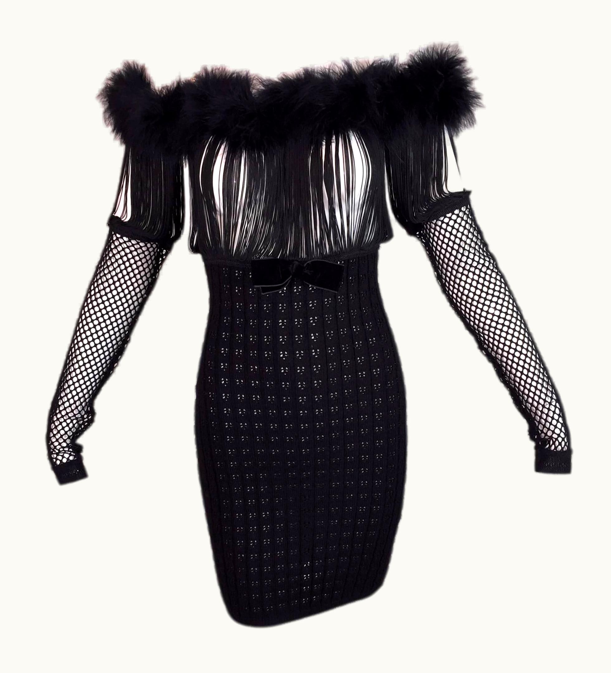 Jean-Paul Gaultier 1993 Jean Paul Gaultier Sheer Fringe & Fishnet Feather Off Shoulder Black Dress