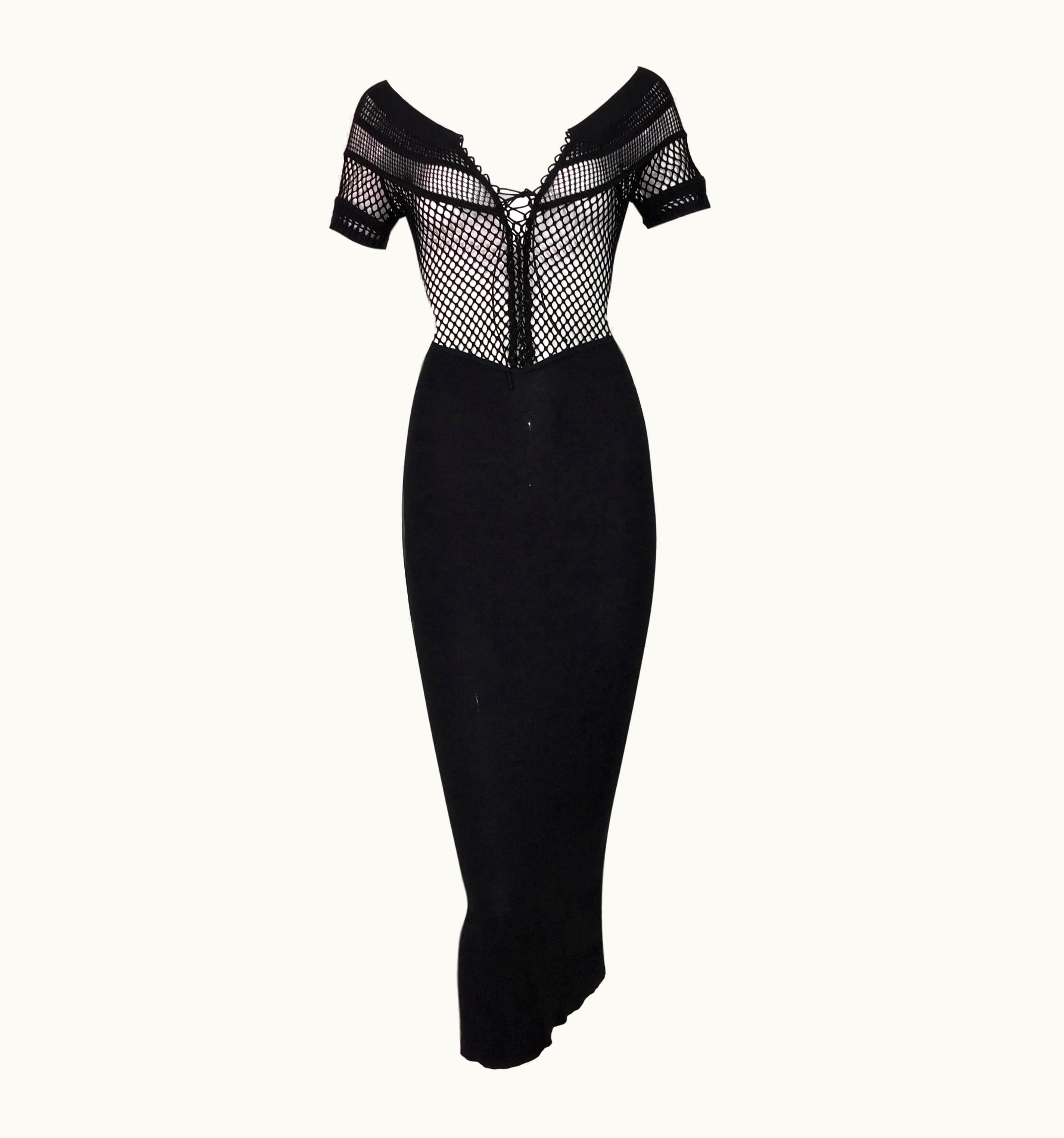 Jean-Paul Gaultier 1993 Jean Paul Gaultier Sheer Black Fishnet Mesh Bodycon Wiggle Long Dress