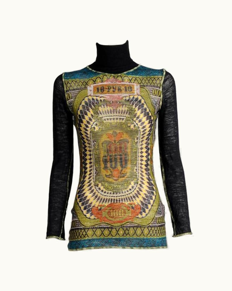 Jean-Paul Gaultier Jean Paul Gaultier Currency Print Mesh Turtleneck Top, Fall-Winter 1995