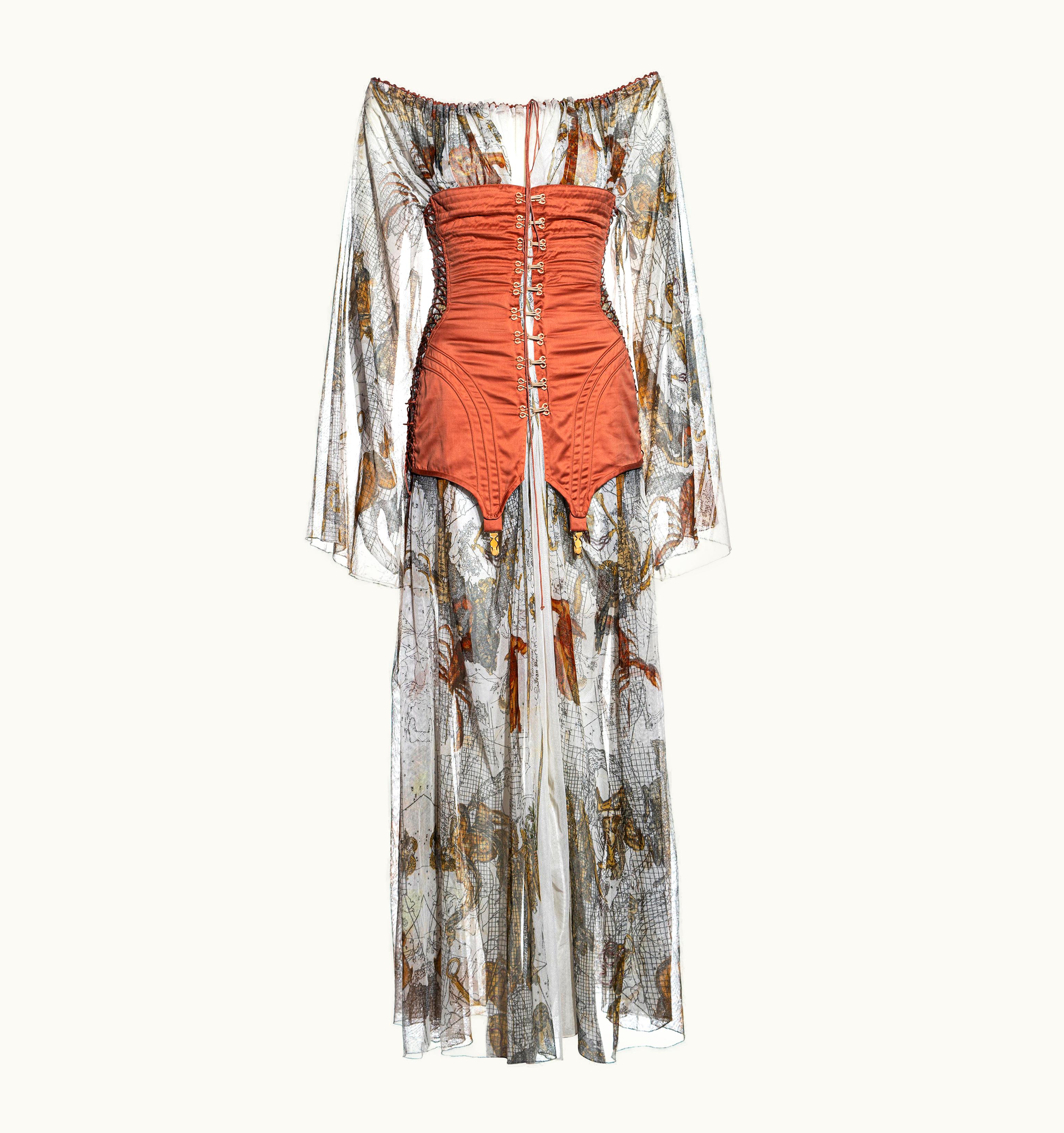 Jean-Paul Gaultier Jean Paul Gaultier Zodiac Print Cotton Muslin Corset Off Shoulder Dress, S/S 1994