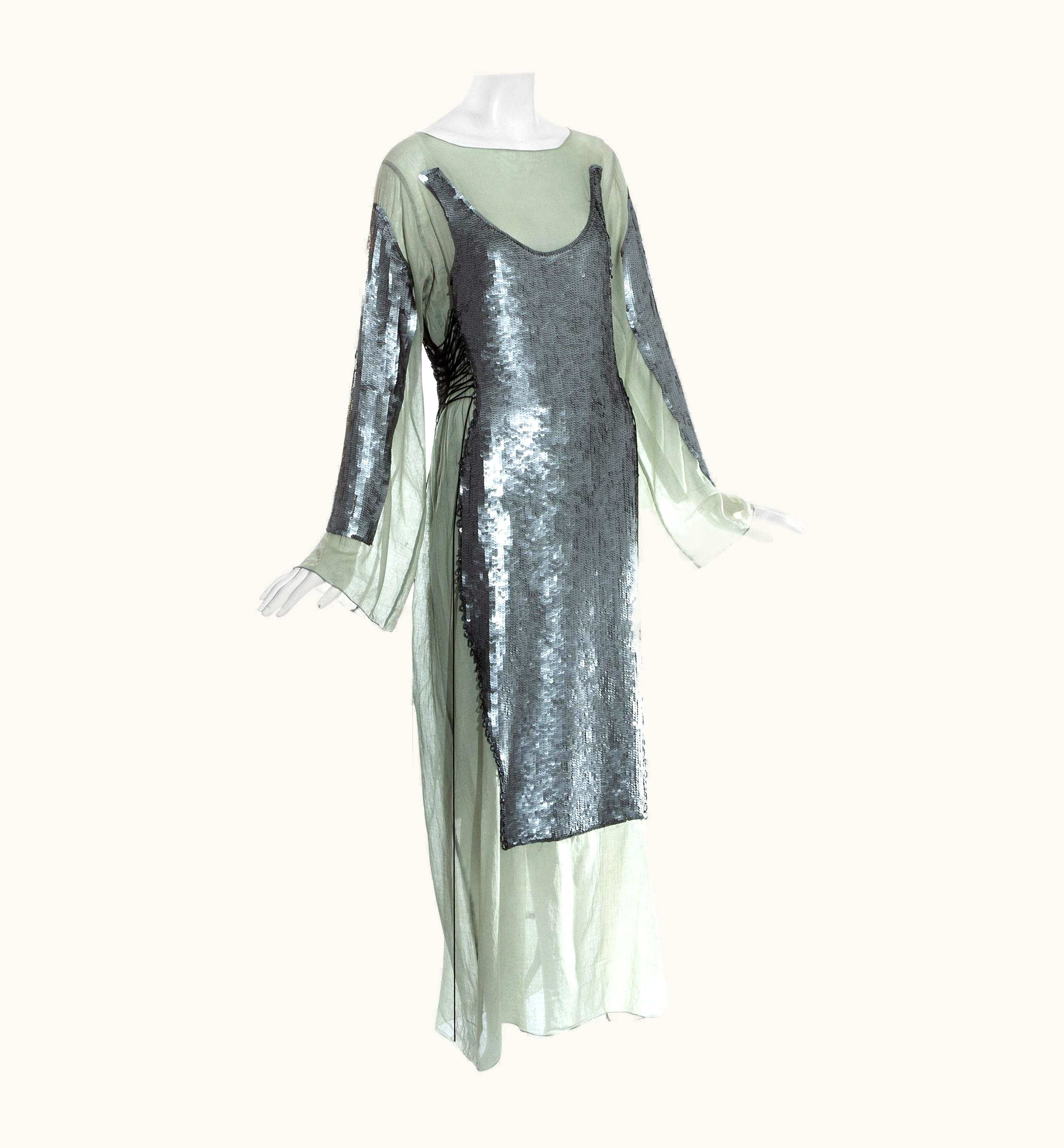 Jean-Paul Gaultier Jean Paul Gaultier Green Cotton Trompe 'oeil Sequin Lace Up Dress, S/S 1994