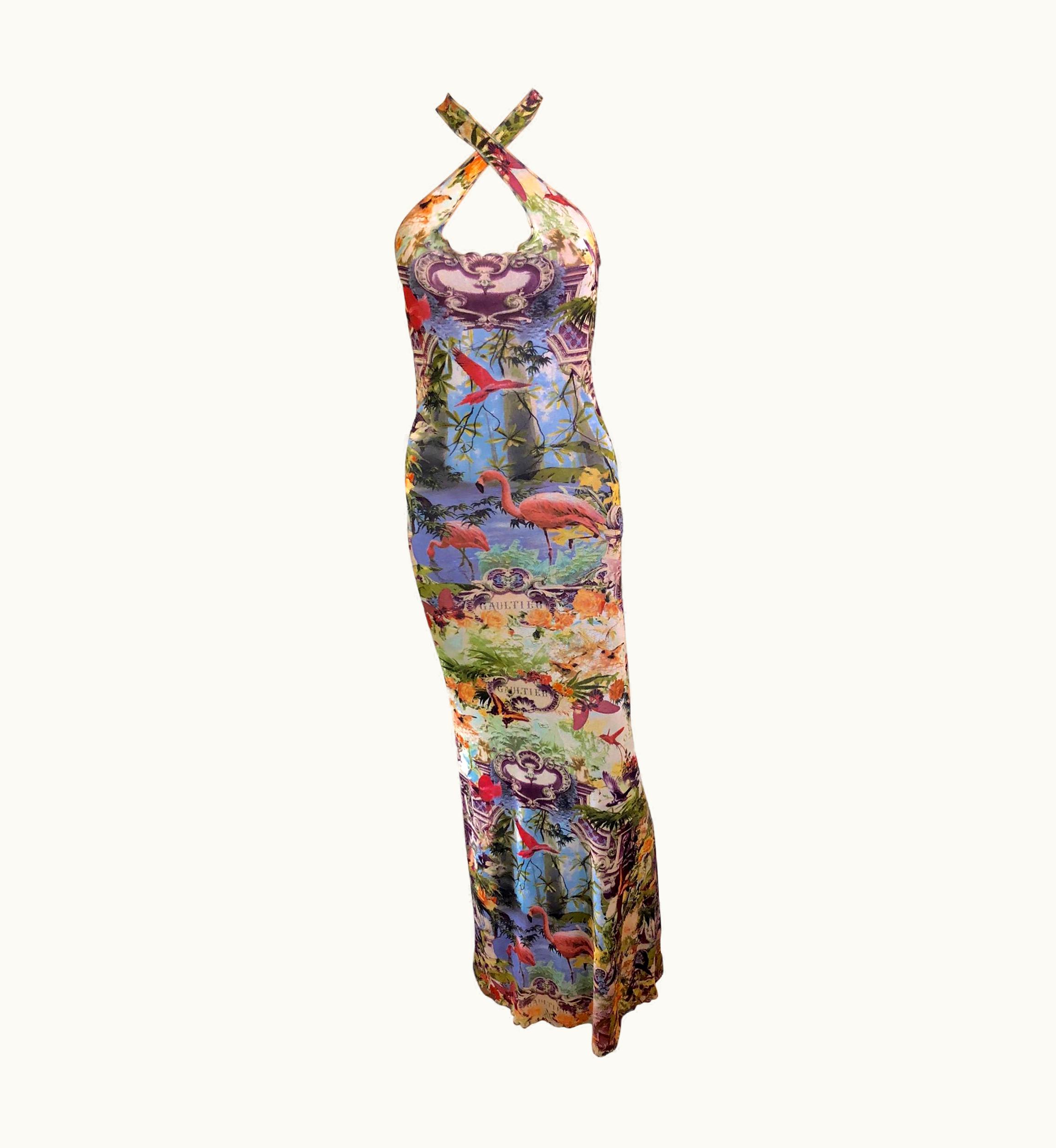Jean-Paul Gaultier Jean Paul Gaultier Soleil S/S 1999 Tropical Flamingo Semi-Sheer Mesh Maxi Dress
