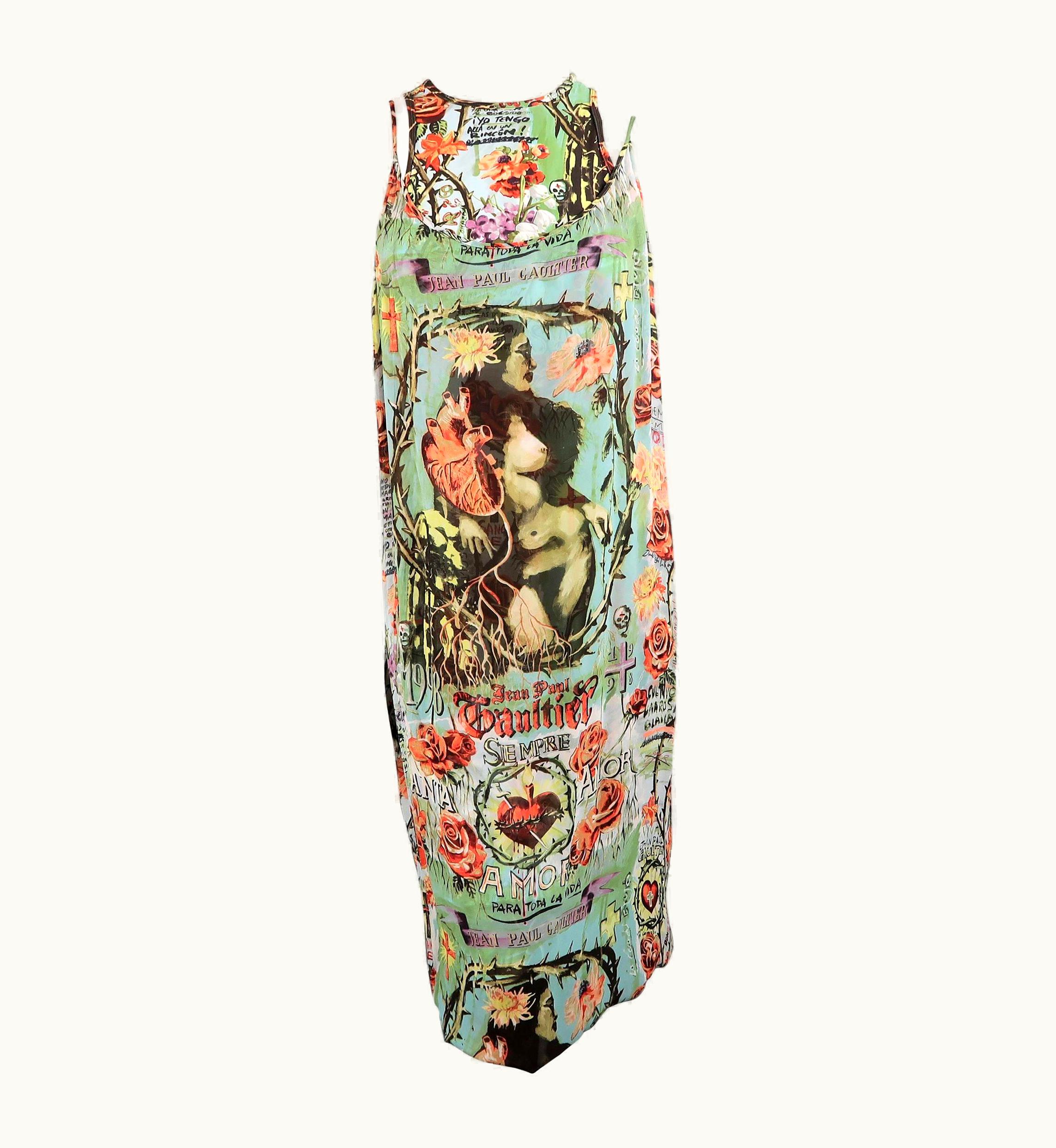 Jean-Paul Gaultier Jean Paul Gaultier Frida Kahlo Print Chiffon Layer Dress, Spring 1998 Runway