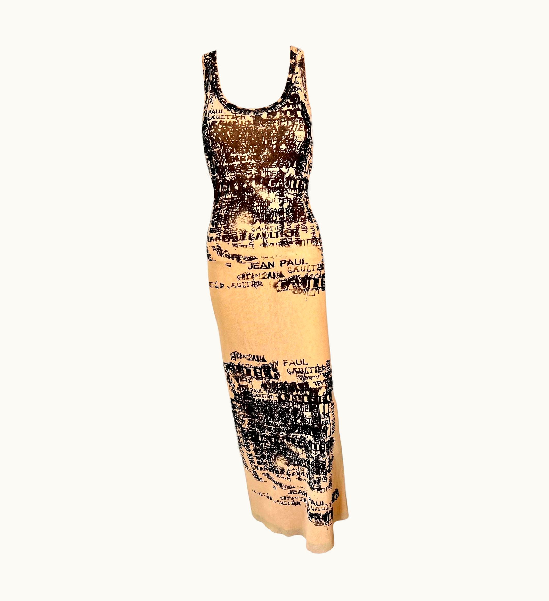 Jean-Paul Gaultier Jean Paul Gaultier S/S 1998 Vintage Calligraphy Logo Print Mesh Maxi Dress