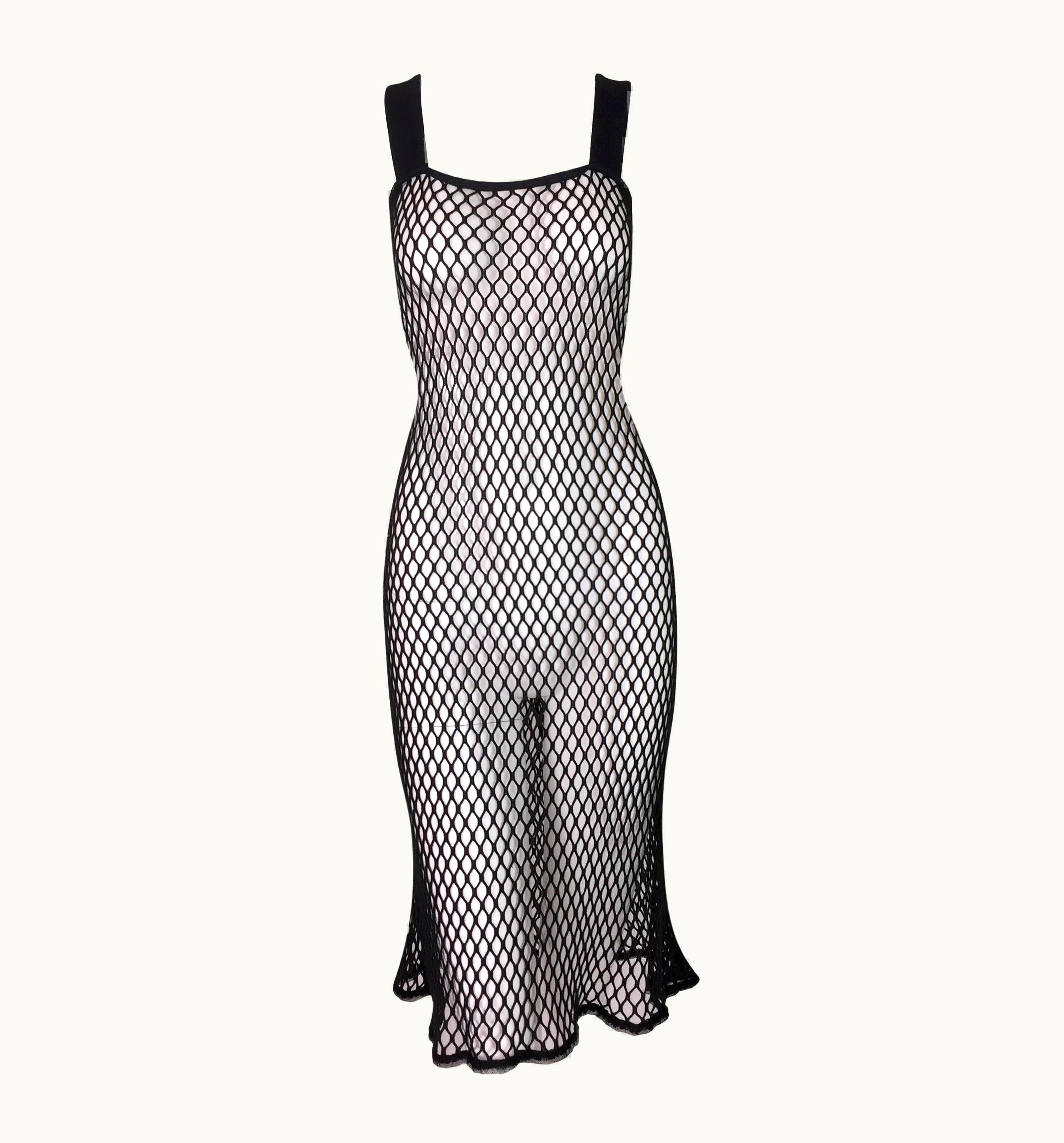Jean-Paul Gaultier 2001 Jean Paul Gaultier Sheer Black & Brown Fishnet Wiggle Dress