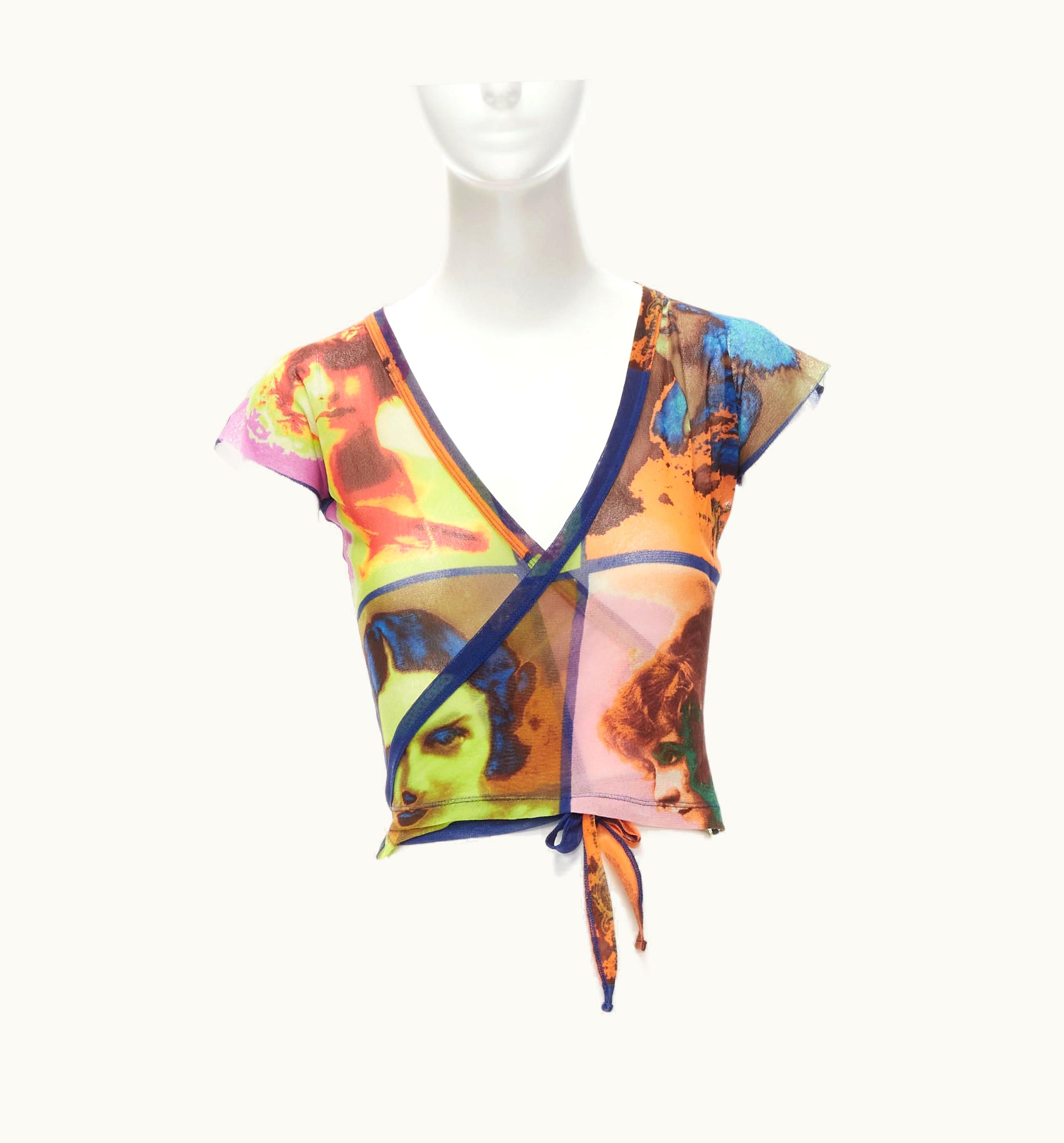 Jean-Paul Gaultier Jean Paul Gaultier Soleil Vintage 2002 Portaits Print Sheer Wrap Tie Top Shirt