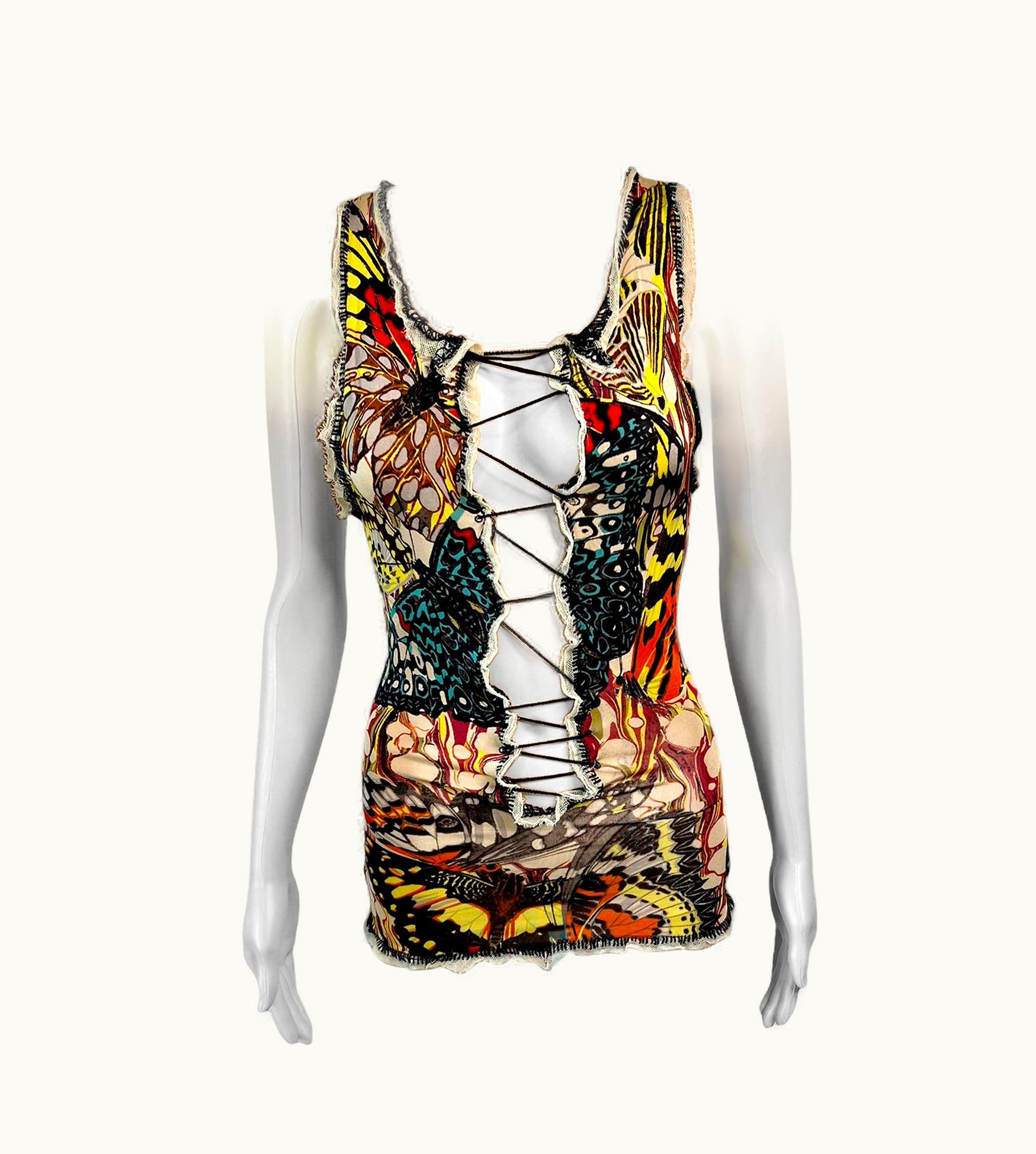 Jean-Paul Gaultier Jean Paul Gaultier S/S 2003 Plunging Neckline Butterfly Print Lace Up Top