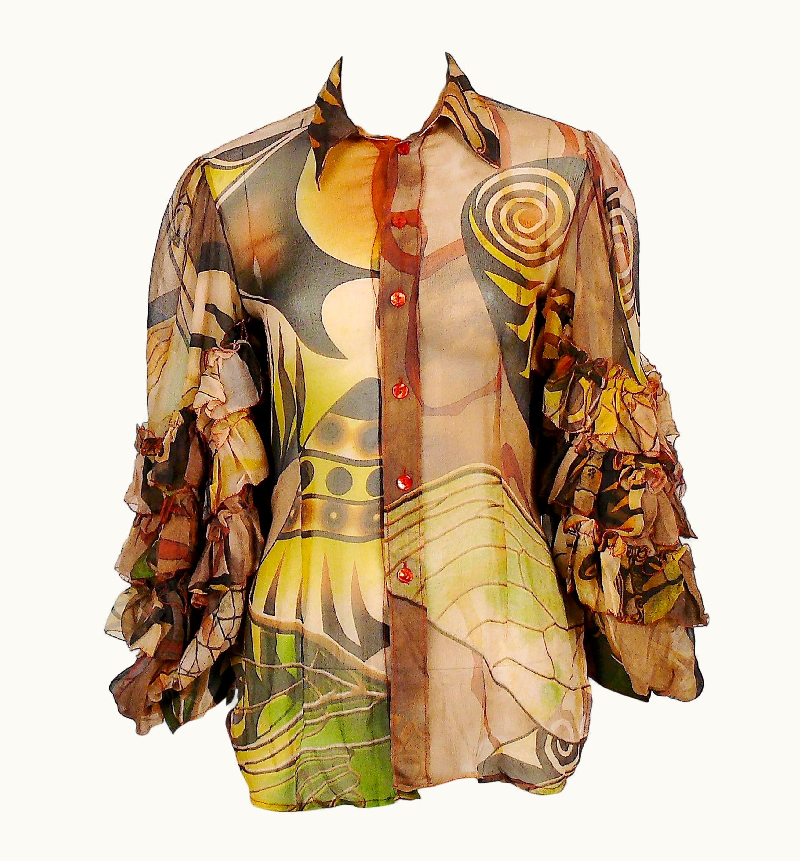 Jean-Paul Gaultier Jean Paul Gaultier Ruffled Sleeve Sheer Blouse 2005 Ready To Wear Collection