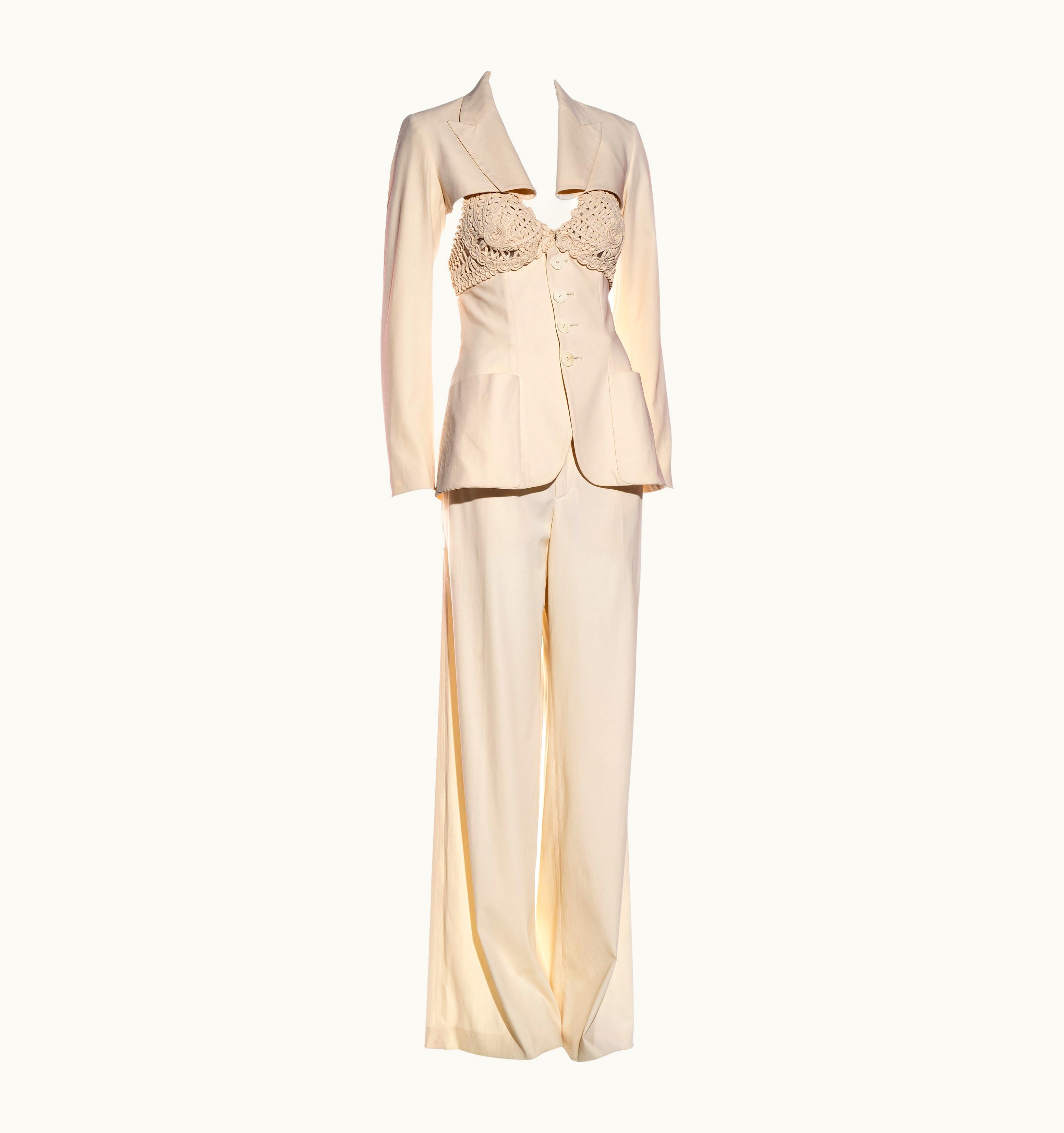 Jean-Paul Gaultier Jean Paul Gaultier Cream Wool And Macramé 3 Piece Pant Suit, S/S 2007