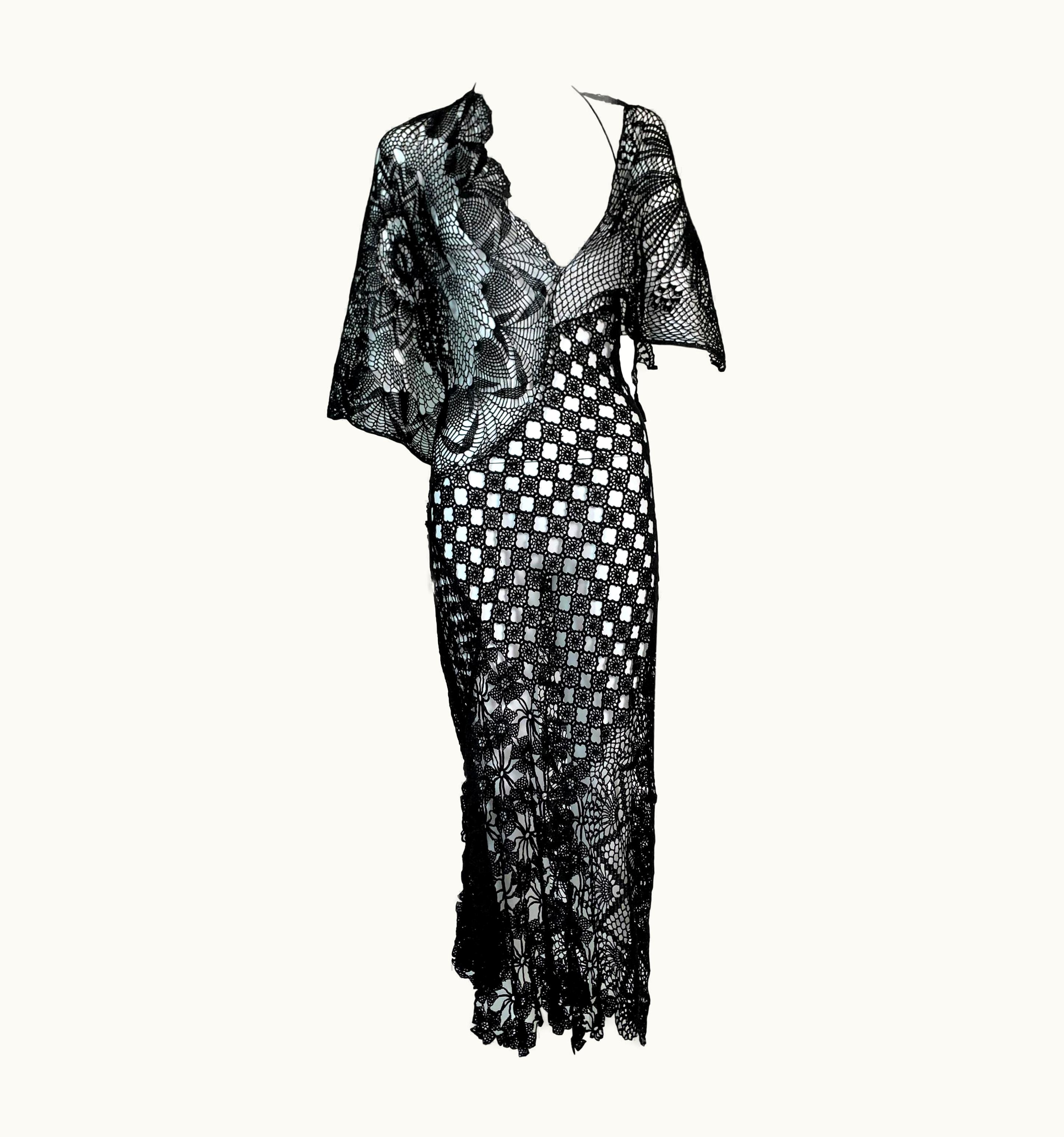 Jean-Paul Gaultier S/S 2008 Jean Paul Gaultier Runway Sheer Black Knit Crochet Plunging Dress