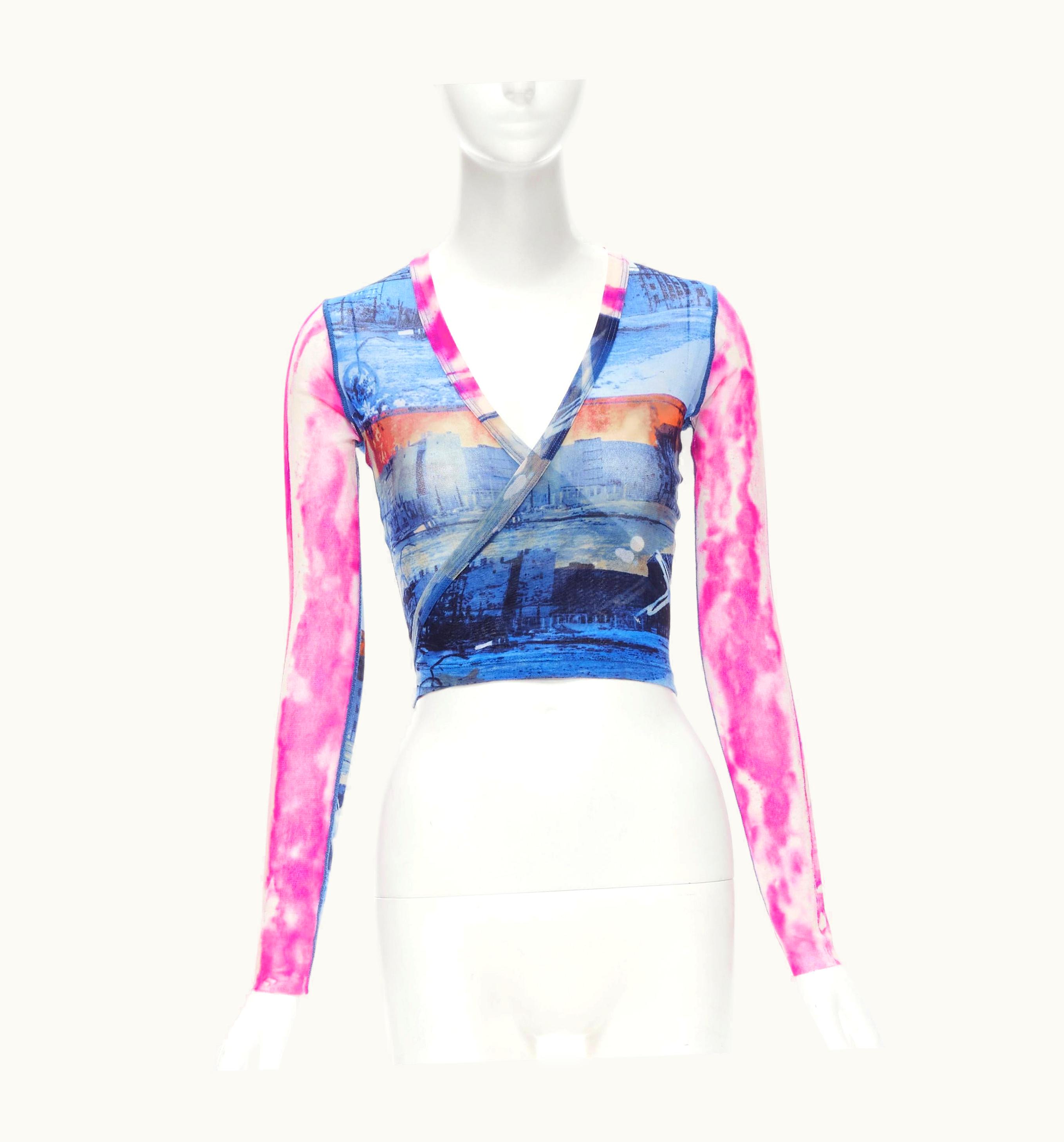Jean-Paul Gaultier Rare Jean Paul Gaultier Soleil Vintage Blue Pink Cityscape Sheer Wrap Top