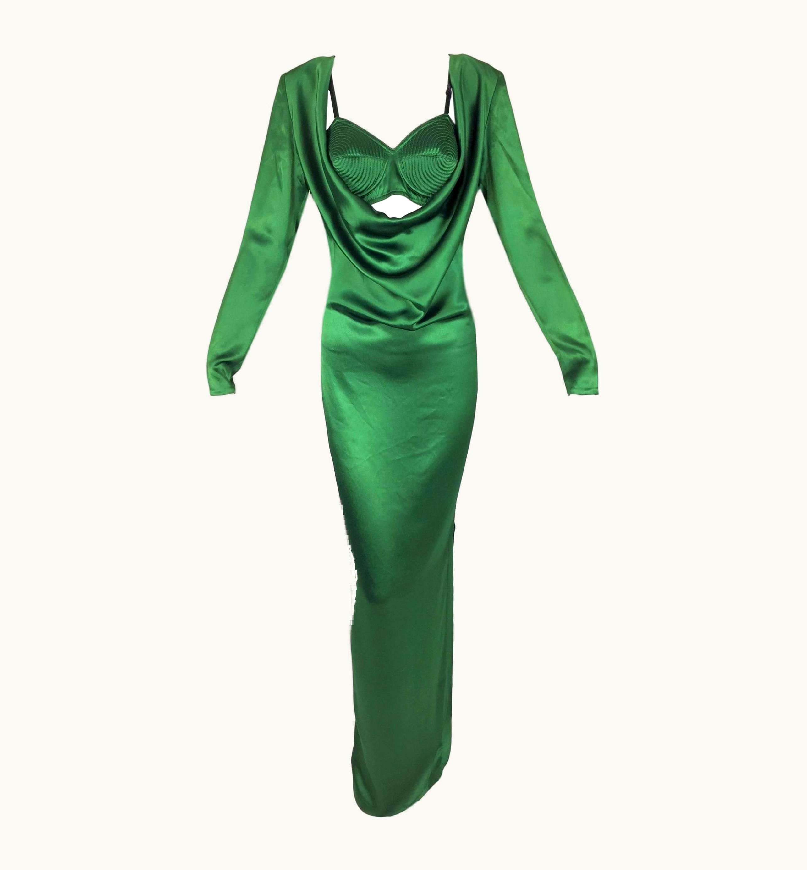 Jean-Paul Gaultier S/S 2010 Jean Paul Gaultier Emerald Satin Cone Bra & Plunging Gown Dress W Slit