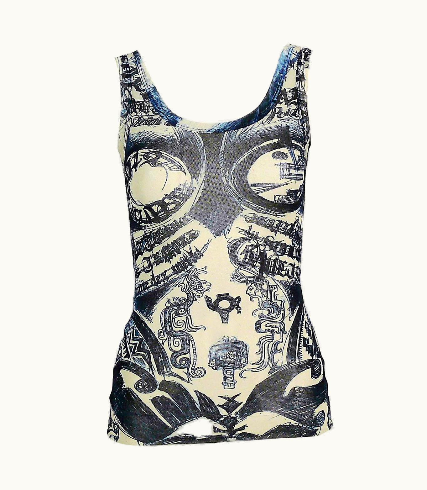 Jean-Paul Gaultier Jean Paul Gaultier Eclipse 2012 Mayas Sheer Mesh Tattoo Print Tank Top