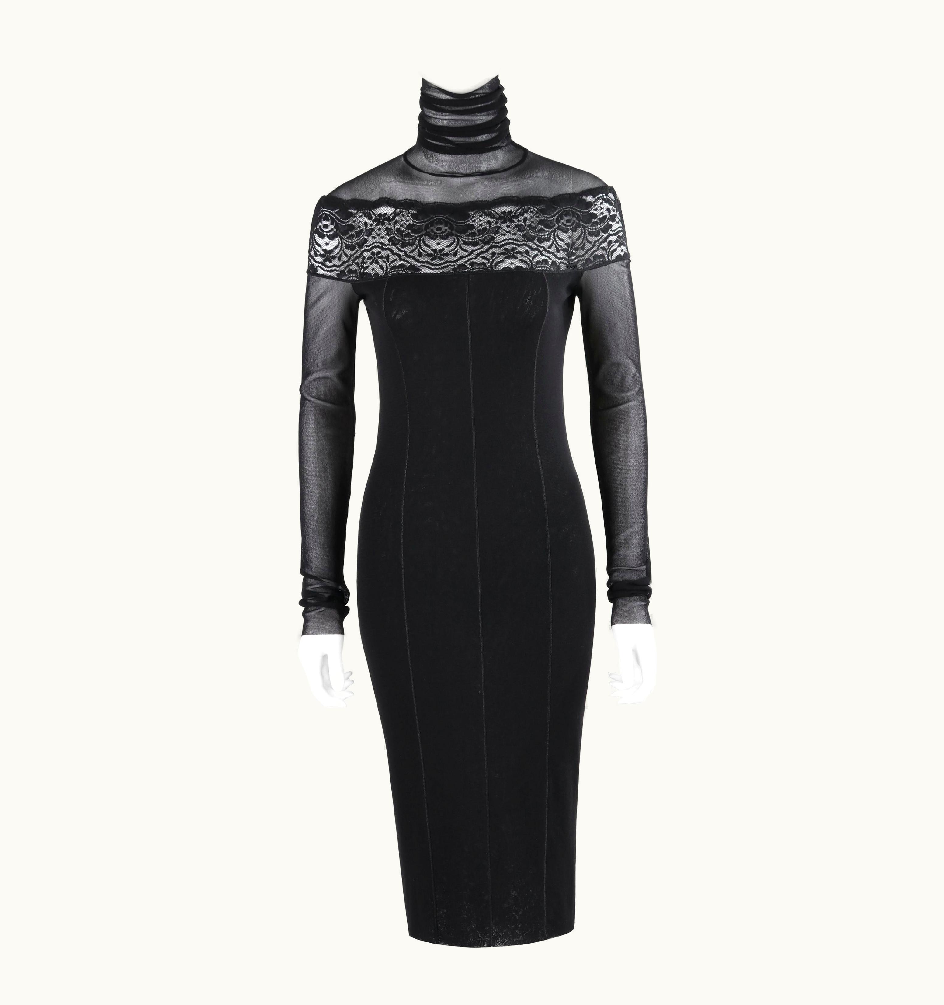 Jean-Paul Gaultier Jean Paul Gaultier Soleil C.2013 Black Mesh Lace Panel Turtleneck Sheath Dress
