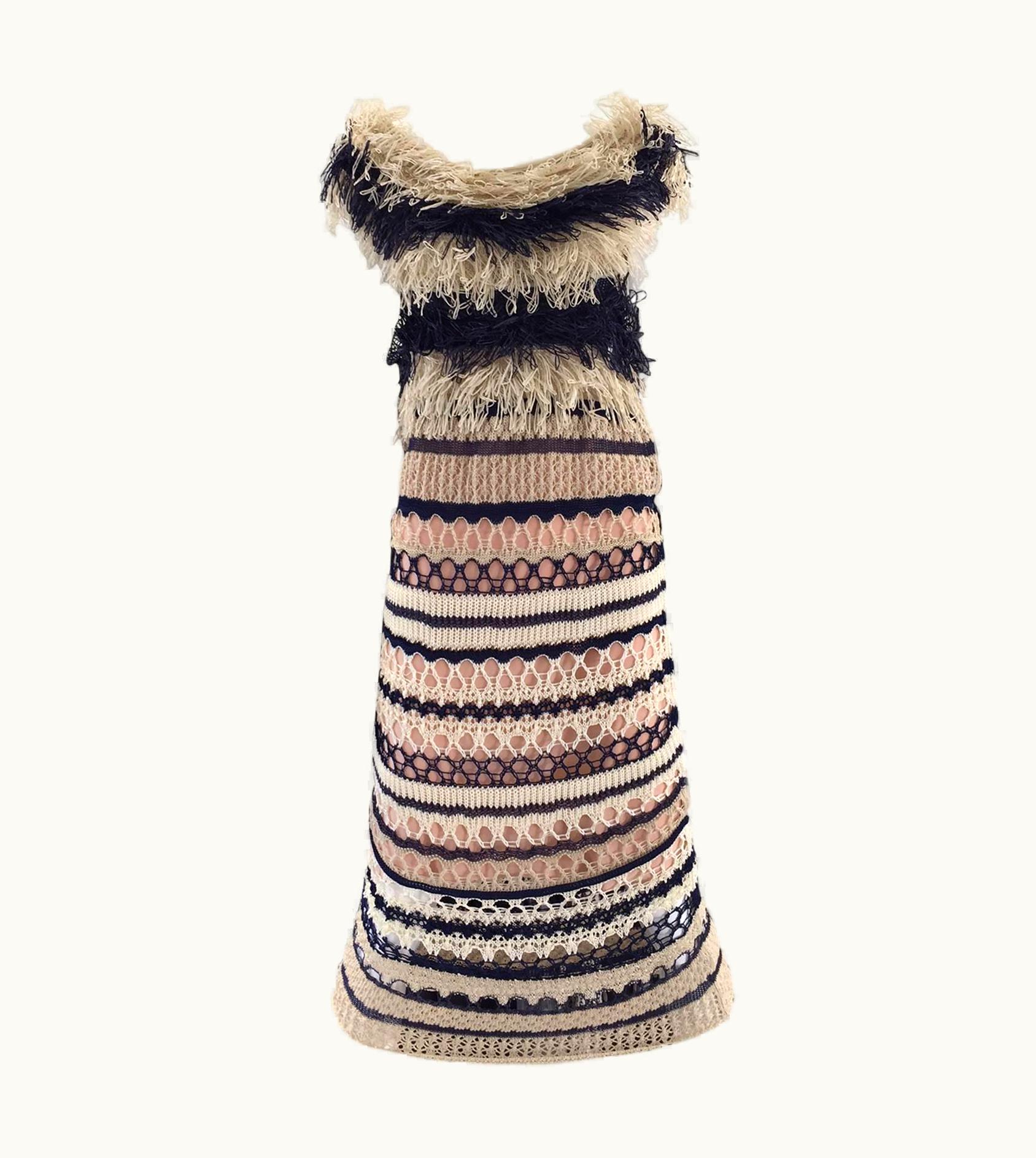 Jean-Paul Gaultier Jean Paul Gaultier Blue And Creme Raffia Knit Crochet Dress