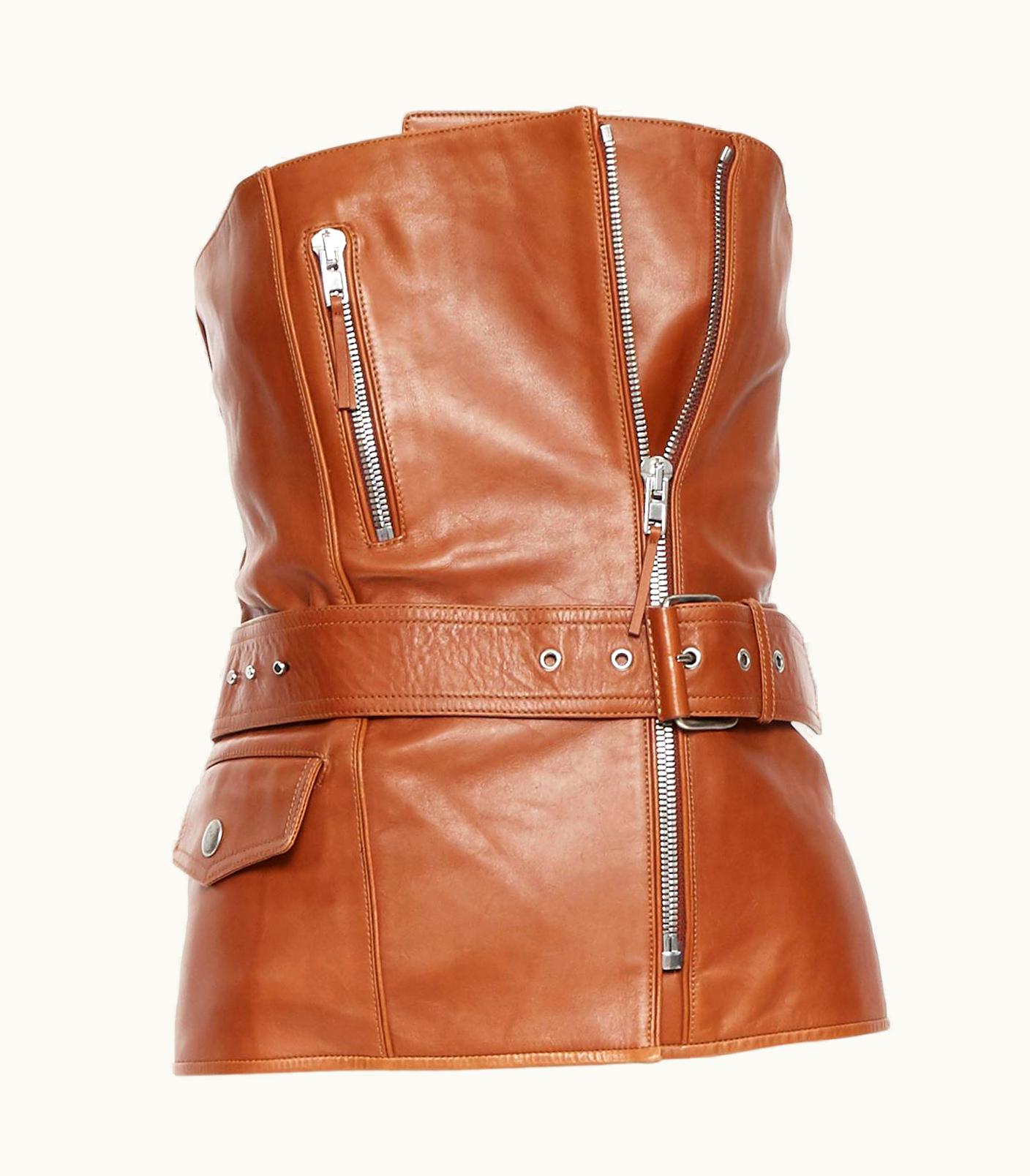 Jean-Paul Gaultier Jean Paul Gaultier Tan Brown Leather Quilted Biker Belted Bustier Top