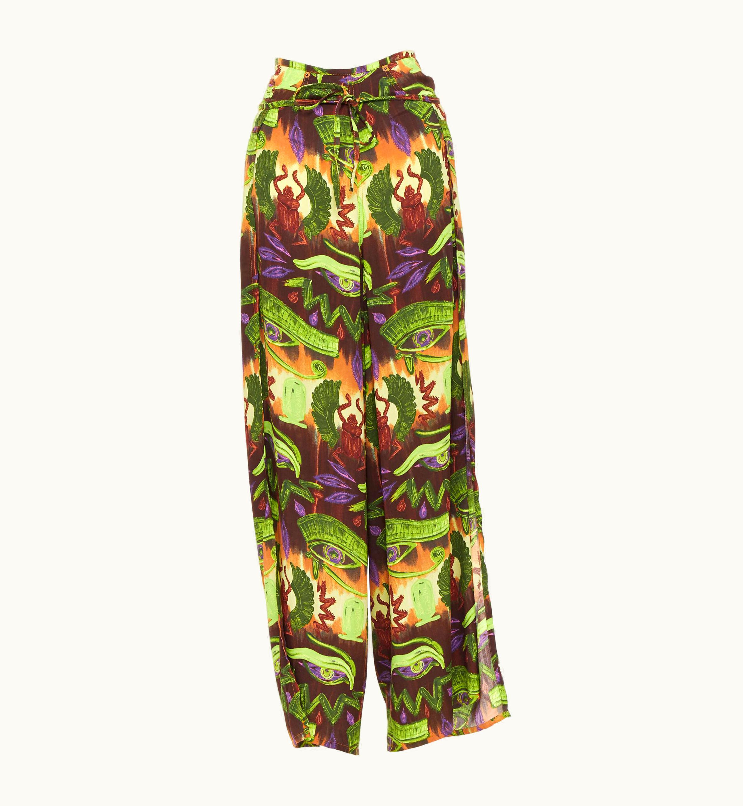 Jean-Paul Gaultier Jean Paul Gaultier Jeans Green Purple Egyptian Print Wrap Tie Wide Leg Pants