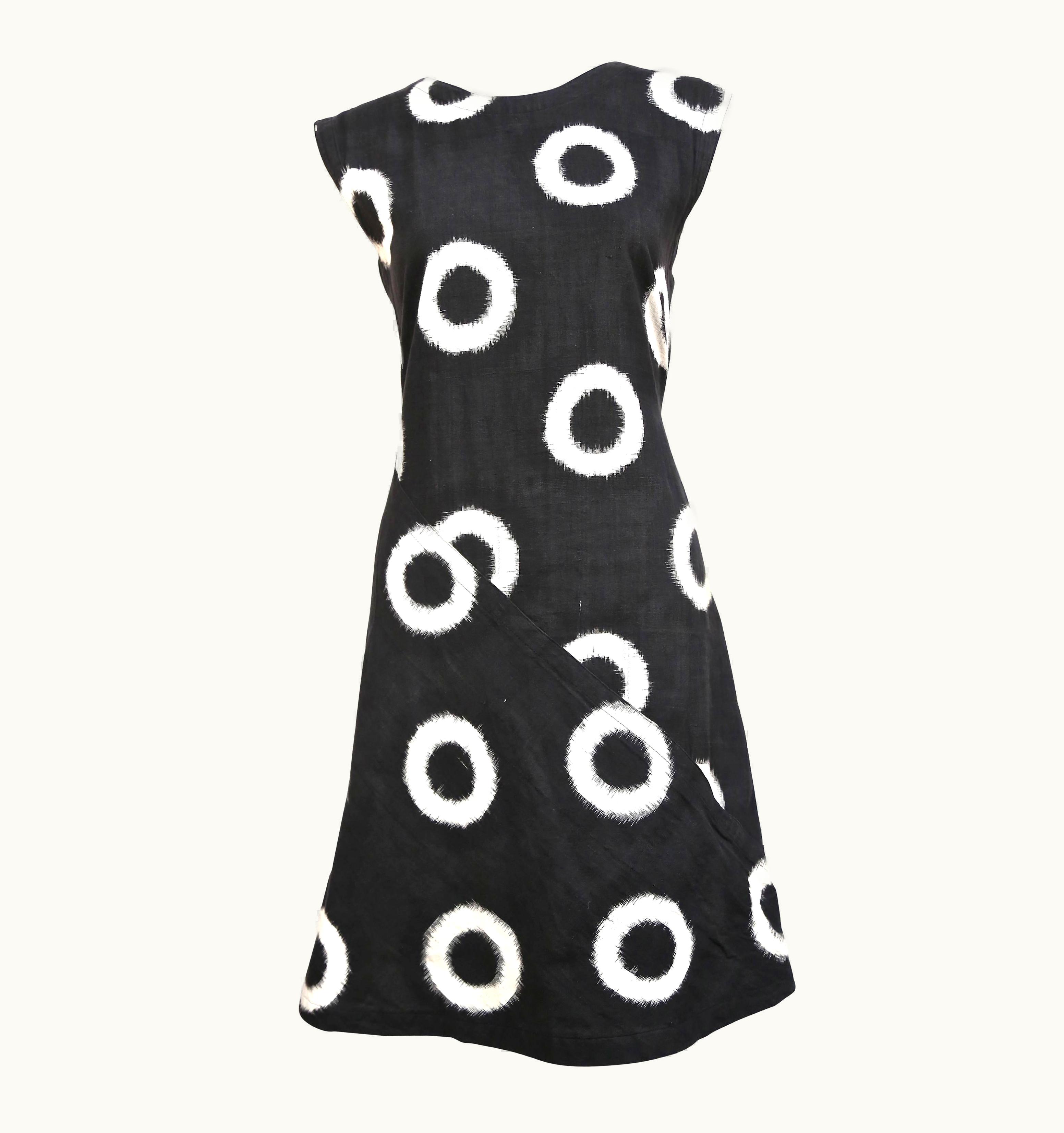 Issey Miyake 1986 Issey Miyake Black Circular Ikat Woven Cotton Runway Day Dress