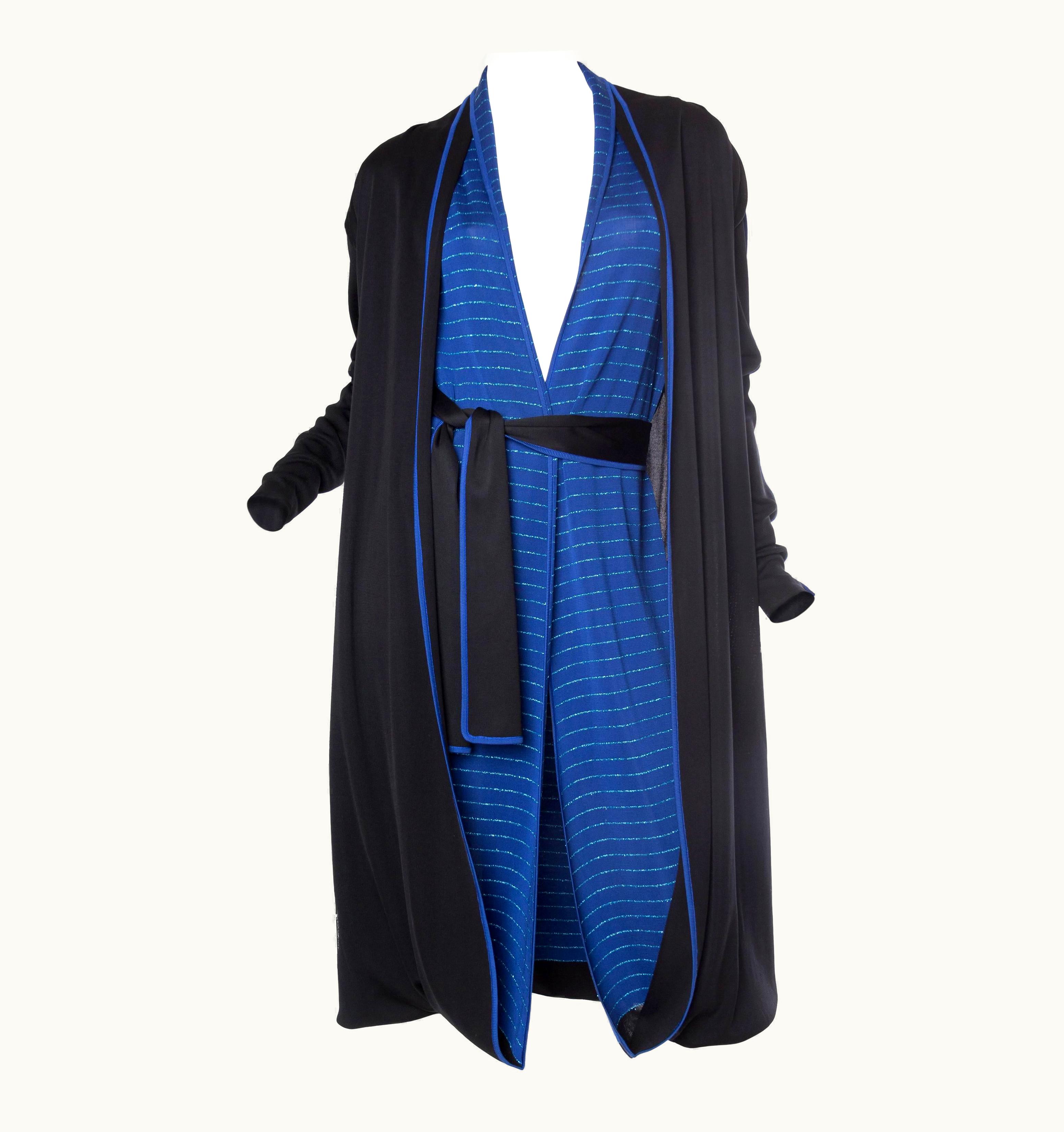 Issey Miyake 1970s Issey Miyake Black & Blue Knit Jersey Cardigan Belted Dress