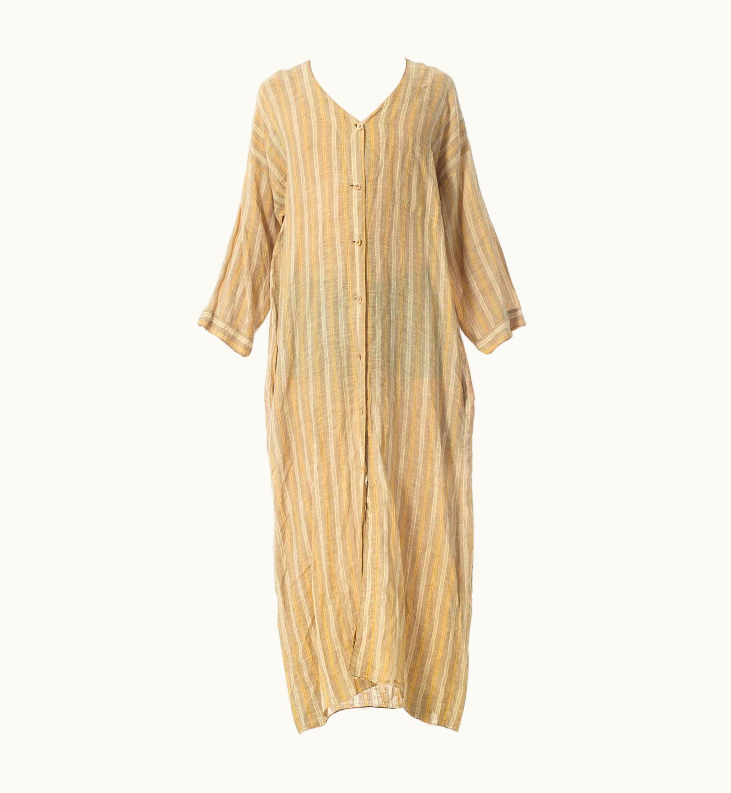Issey Miyake 1970s Issey Miyake Style- Style Beige & White Cotton Blend Tunic Duster