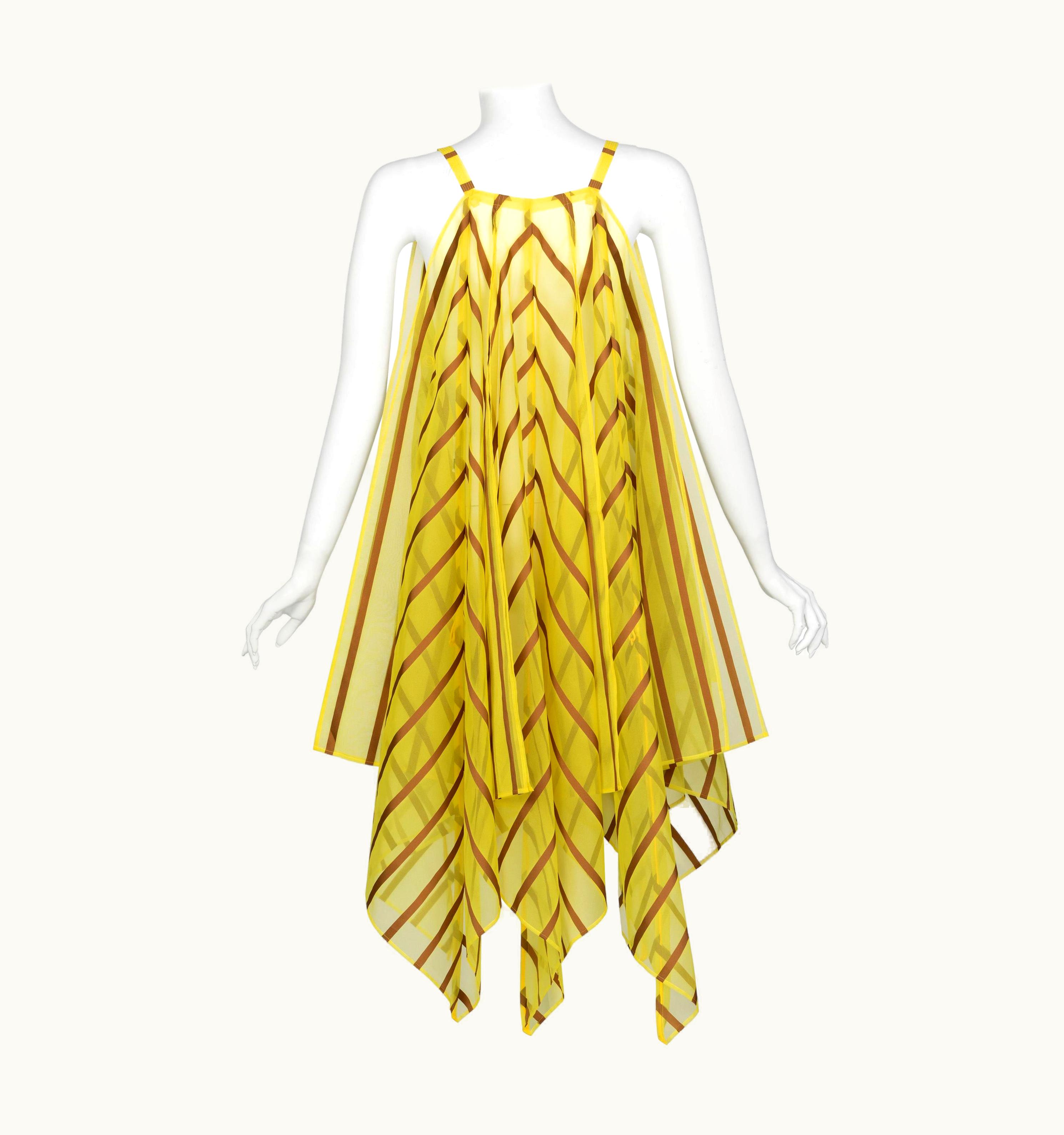 Issey Miyake Issey Miyake Yellow Organza Brown Striped Handkerchief Dress UZ0597315