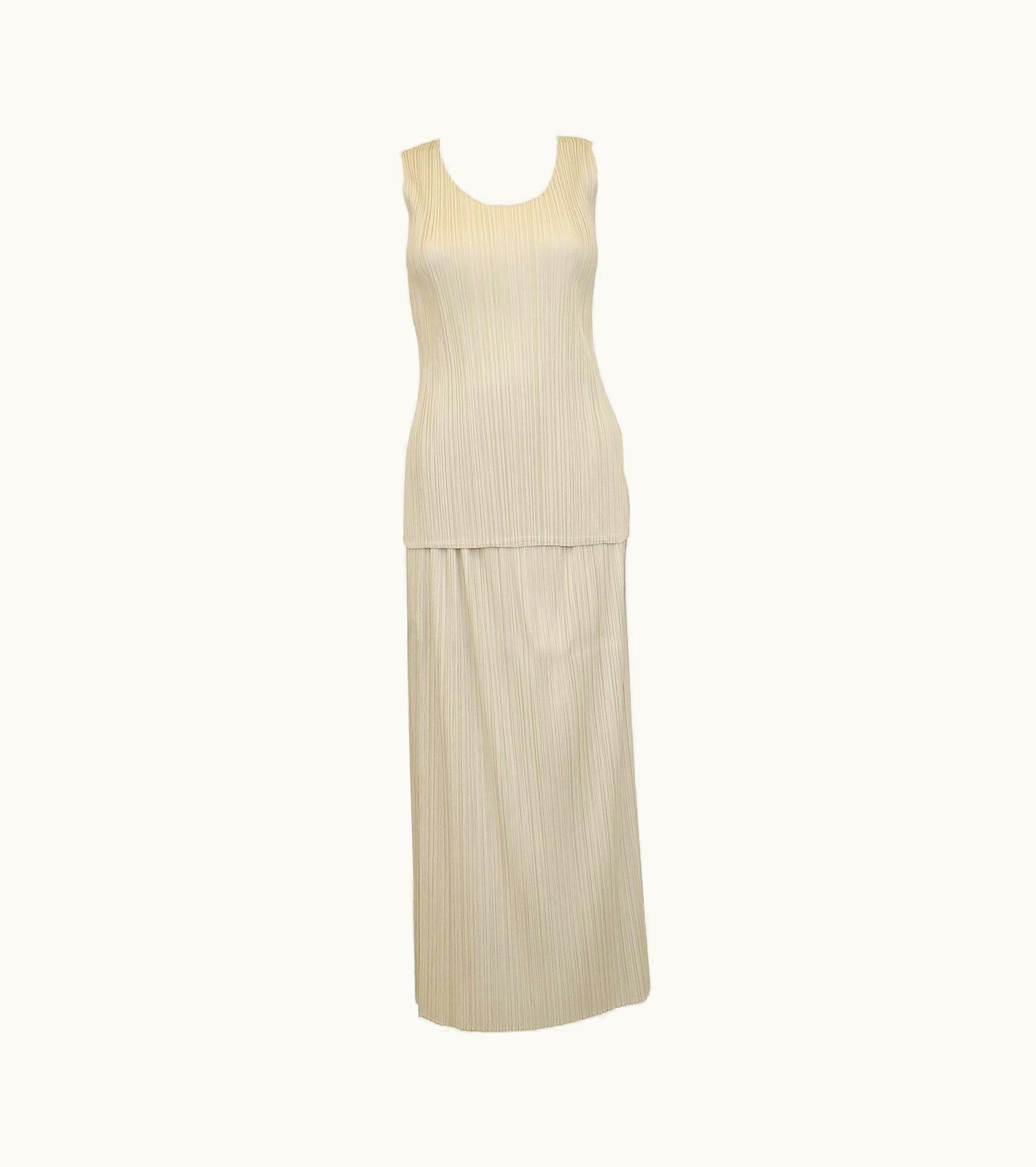 Issey Miyake 1990s Issey Miyake Cream Pleated Top And Skirt Ensemble