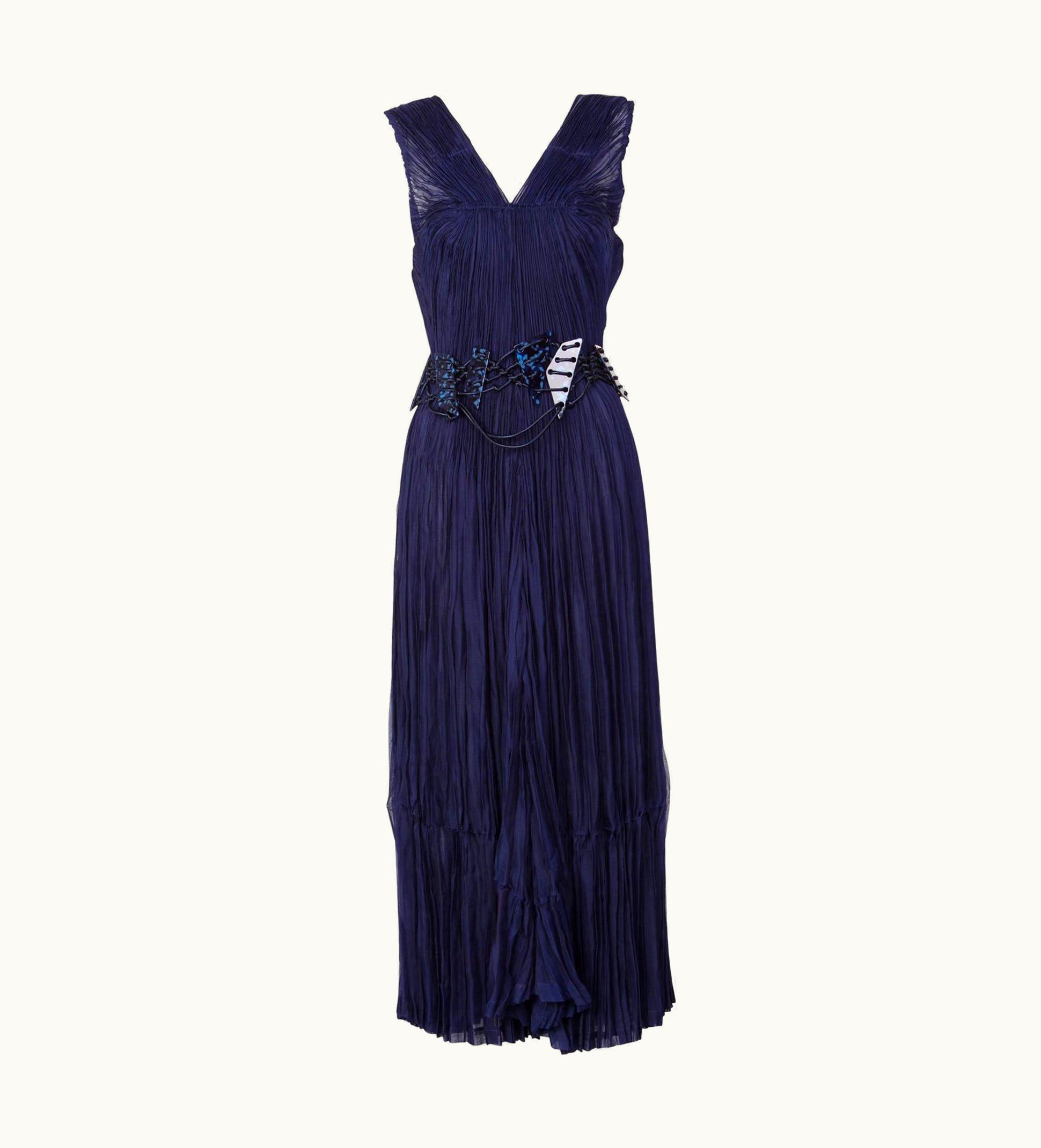 Issey Miyake Issey Miyake Blue Pleated Maxi Dress WS/S Lucite Belt