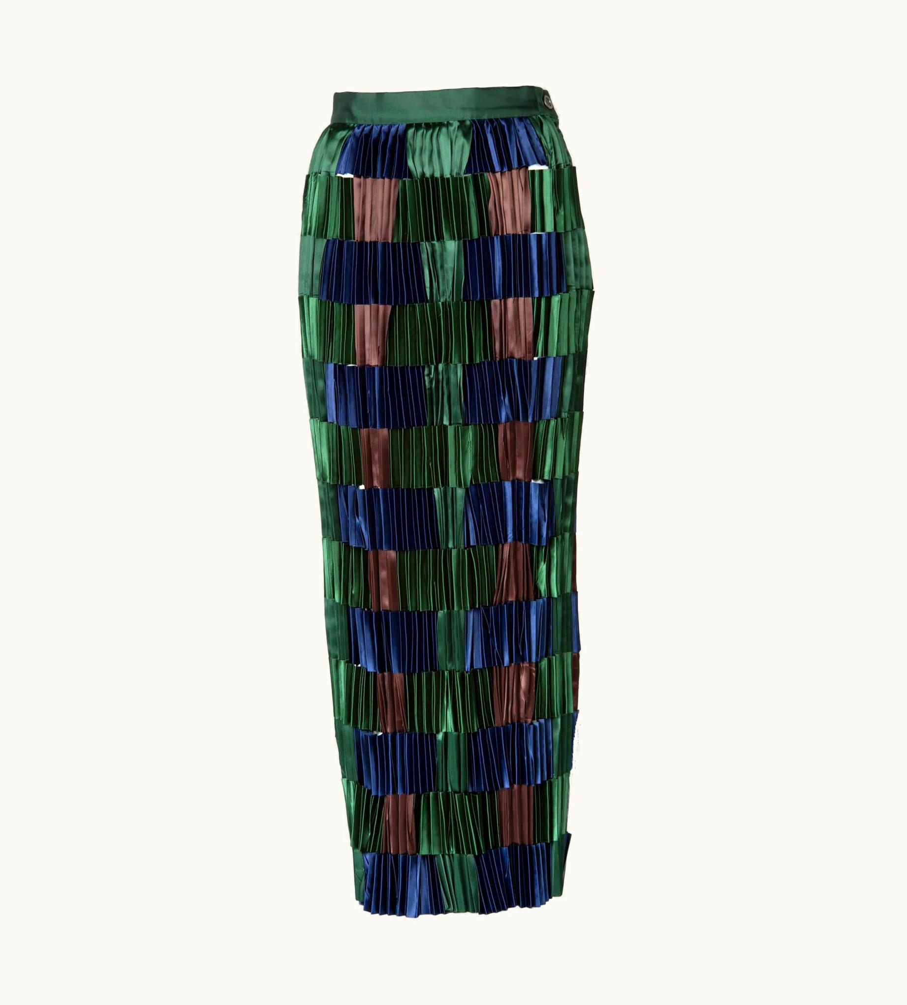 Issey Miyake Issey Miyake Green Blue Pleated Satin Ribbon Skirt, 1990s