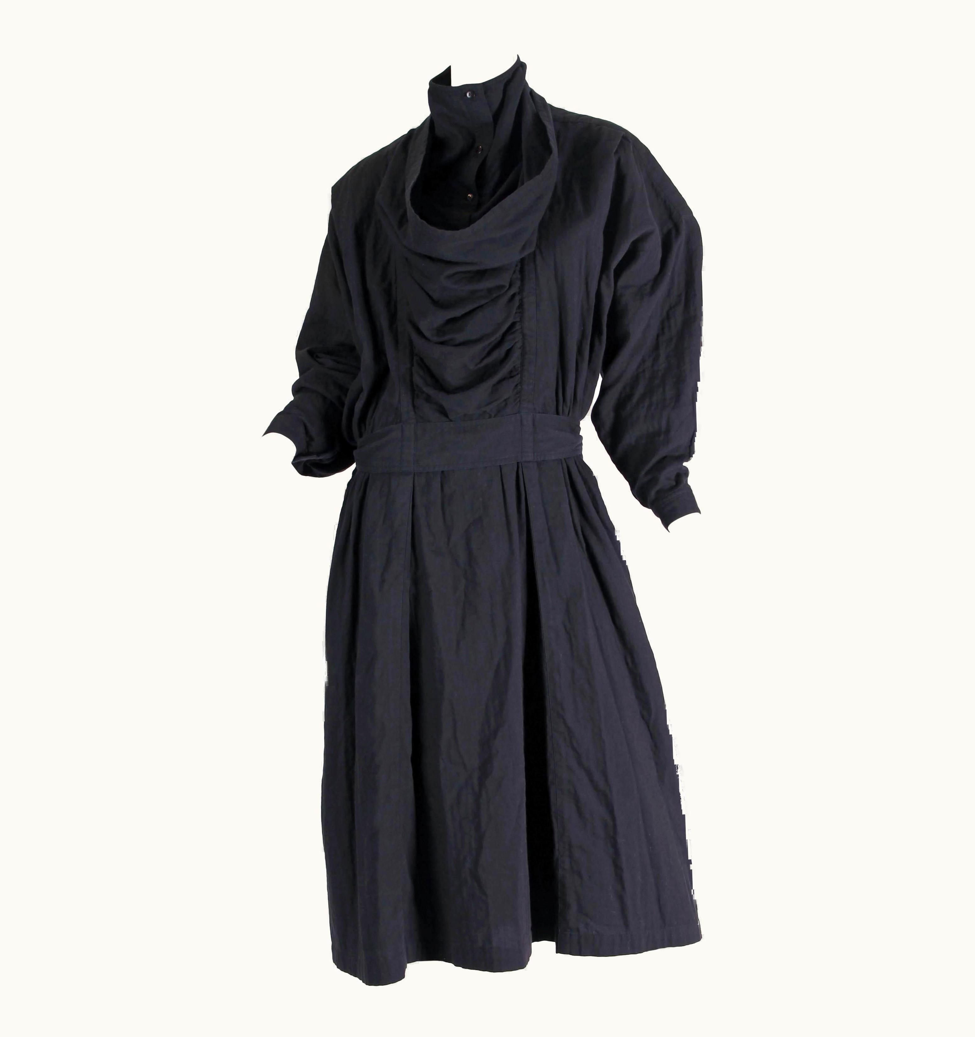 Issey Miyake 1980s Issey Miyake Black Cotton Dress With Draped Neck & Sleeves