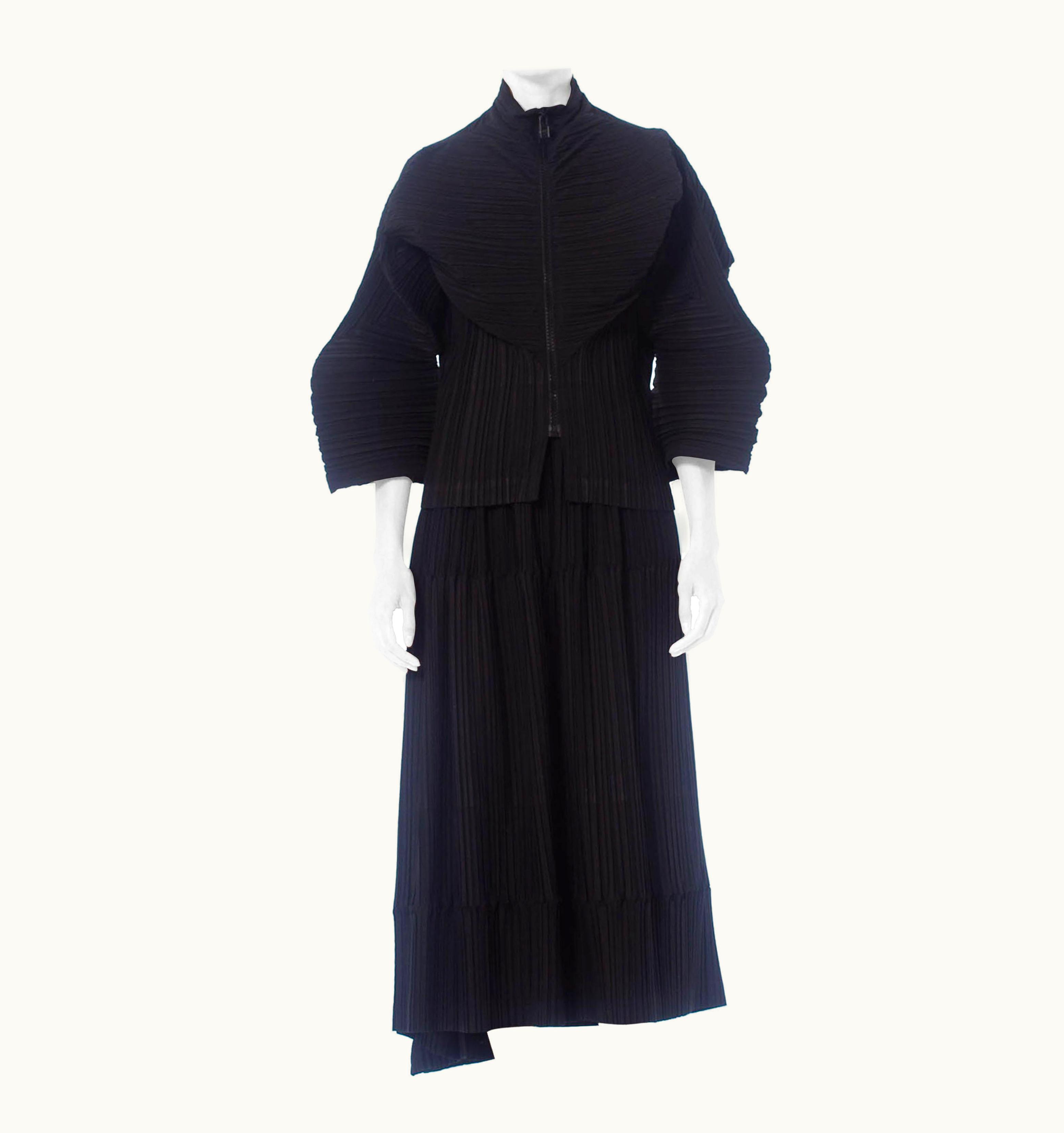 Issey Miyake 1990s Issey Miyake Black Pleated Poly Blend Jacket & Skirt Ensemble