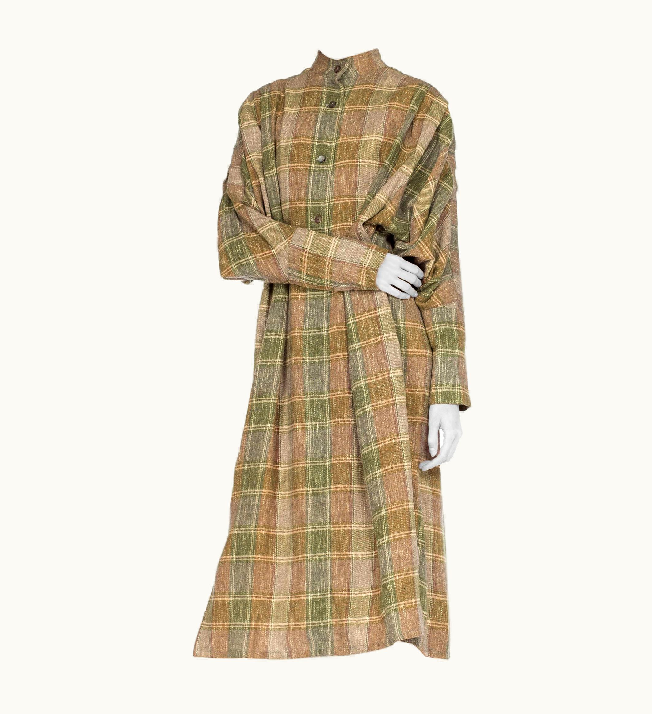 Issey Miyake 1980s Issey Miyake Wool Flannel Plaid Pleated Sleeve Tunic Dress