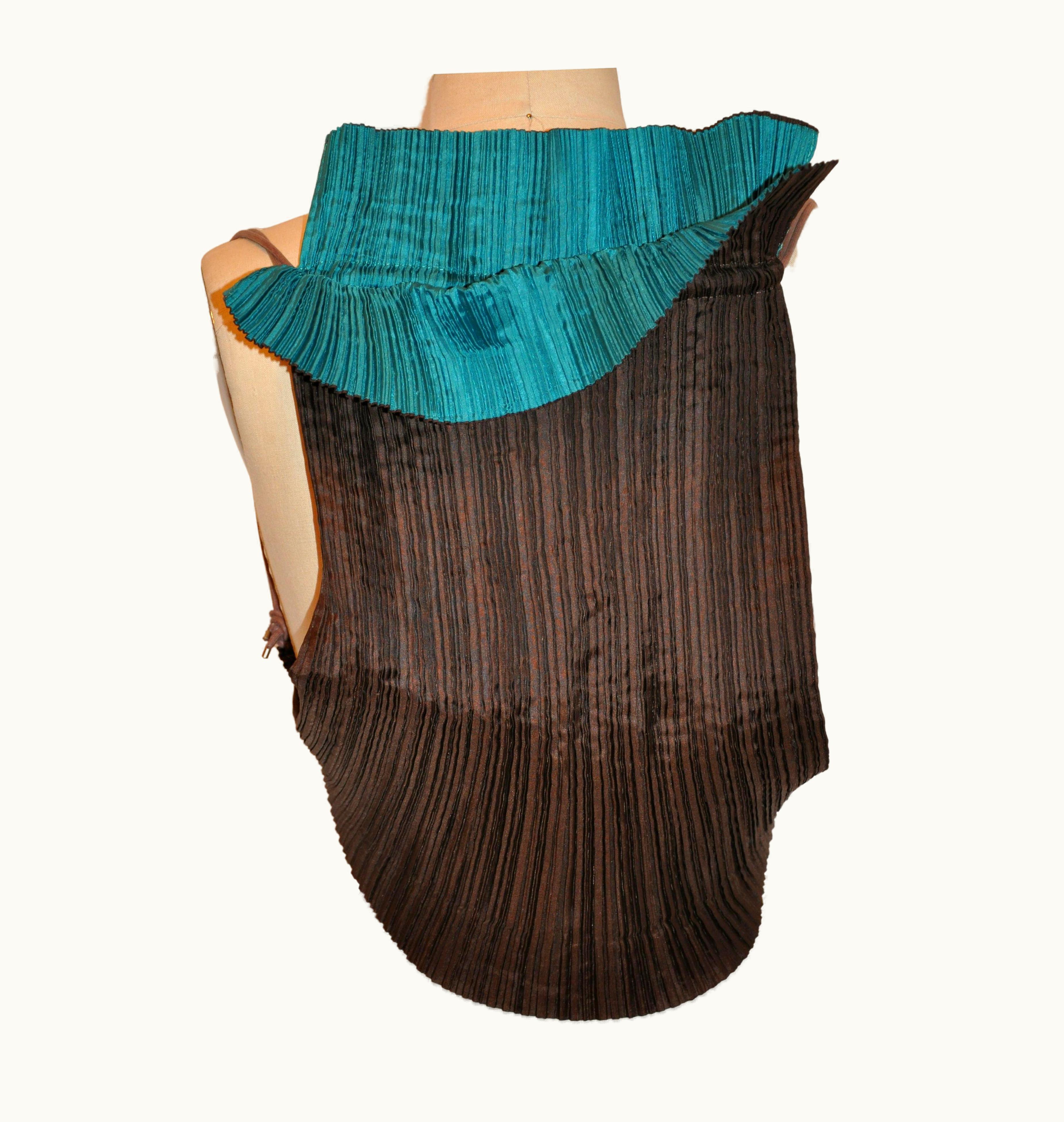 Issey Miyake Rare Issey Miyake Coco-Brown & Turquoise-Lined Signature Drawstring Backpack