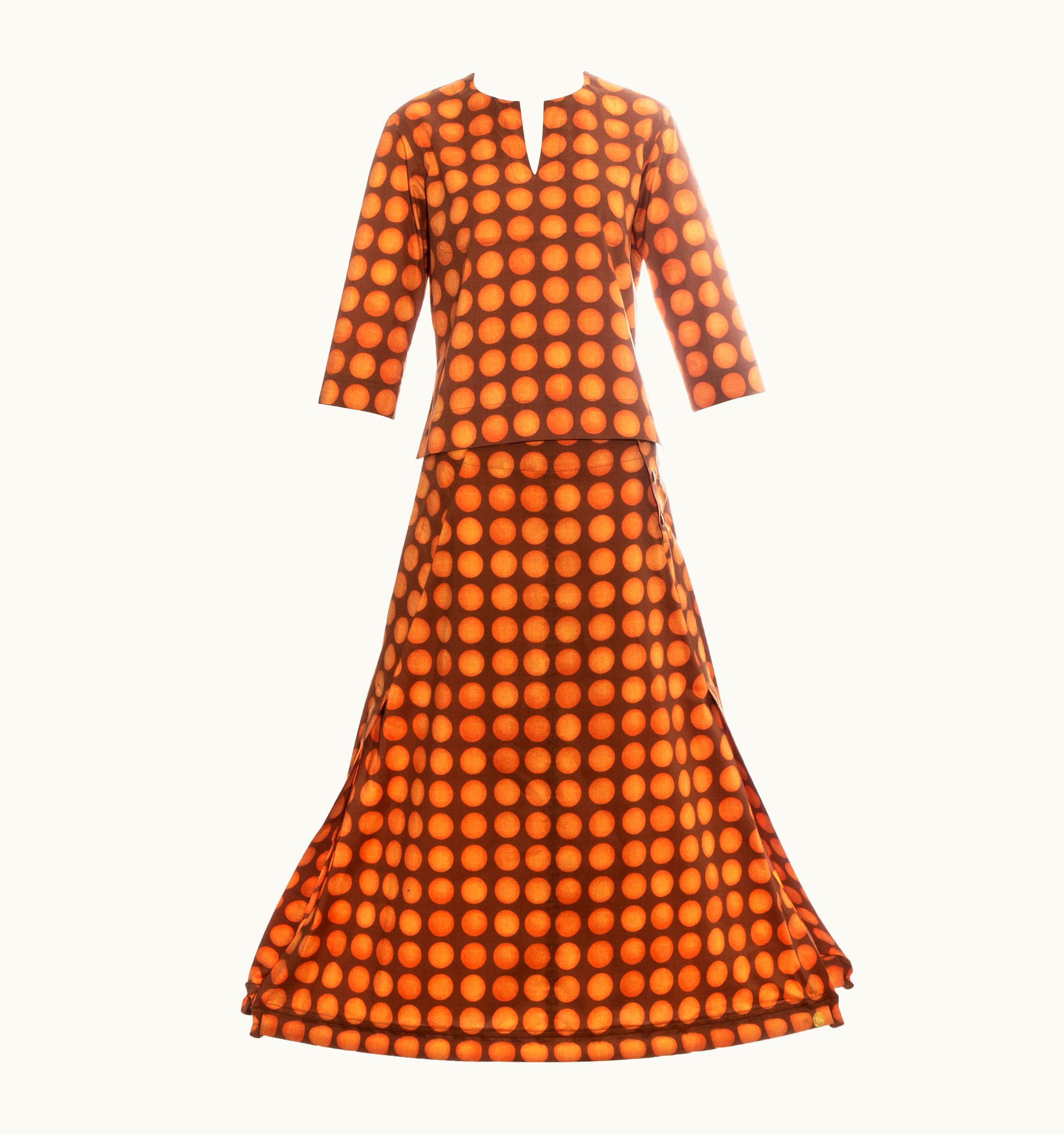 Issey Miyake Issey Miyake Orange Polkadot Printed Cotton Skirt Suit, S/S 2001