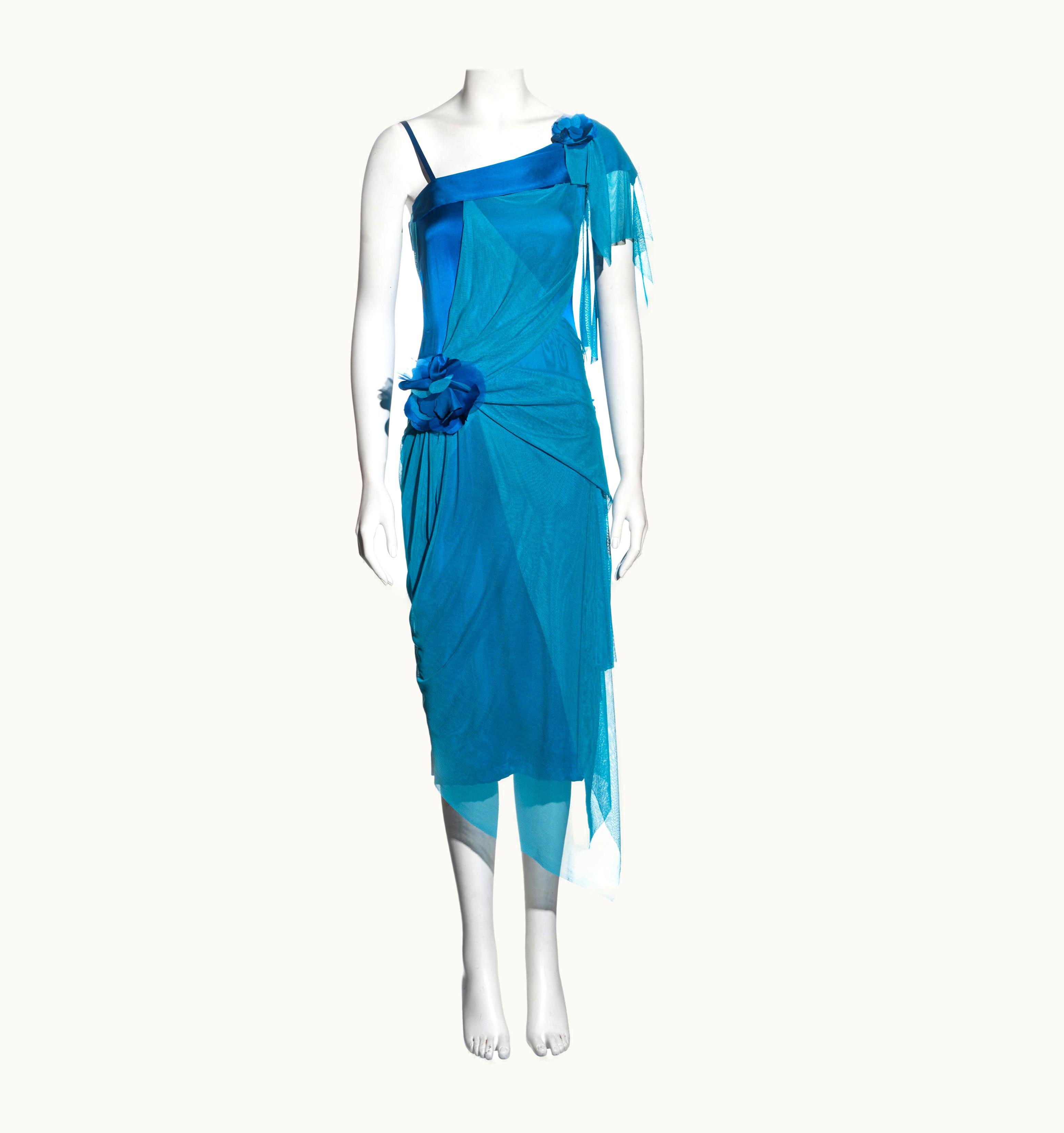 Issey Miyake Issey Miyake Blue Silk Dress With Drapedmesh Overlay, S/S 2005