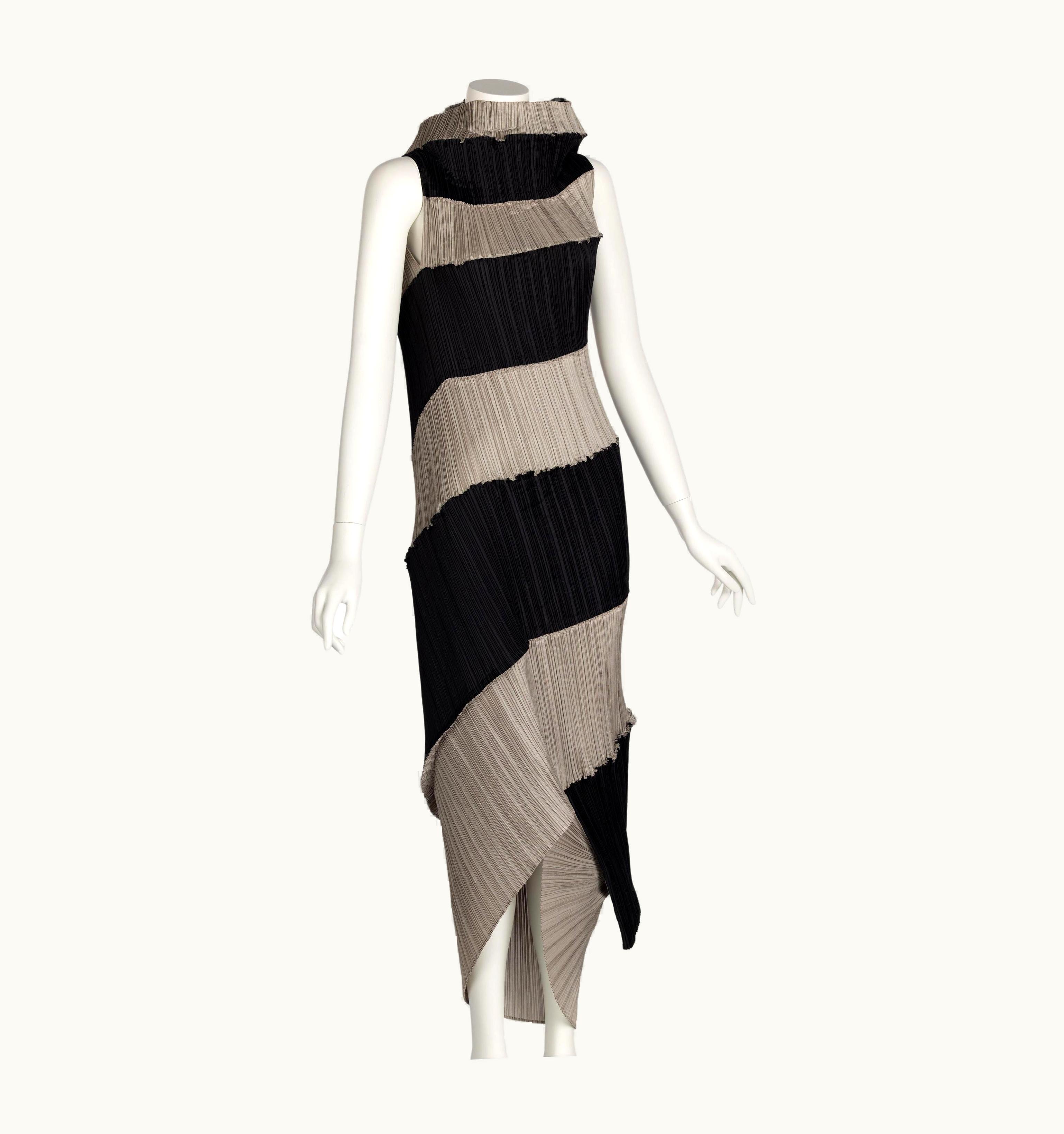 Issey Miyake Issey Miyake Black & Beige Striped Plisse Spiral Nautilus Dress, 1990s