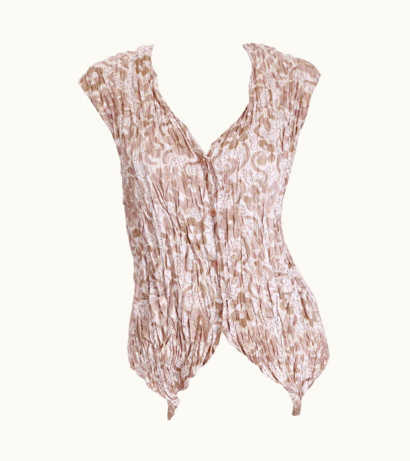 Issey Miyake Issey Miyake Vintage Brown Print Crinkle Open Front Sleeveless Top