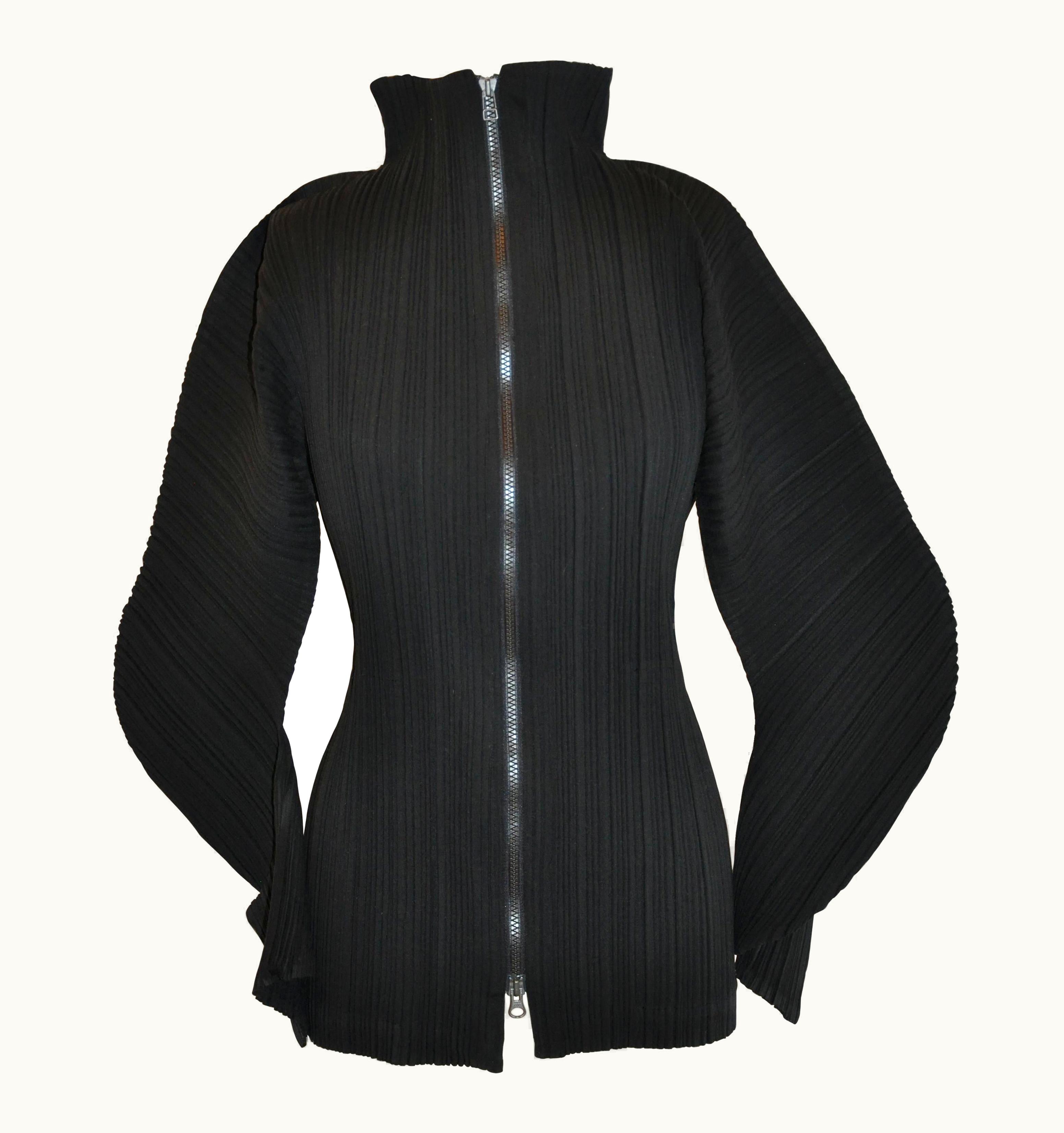 Issey Miyake Issey Miyake Signature Black HighNeck Double Zipper Deconstructed Sleeves Top