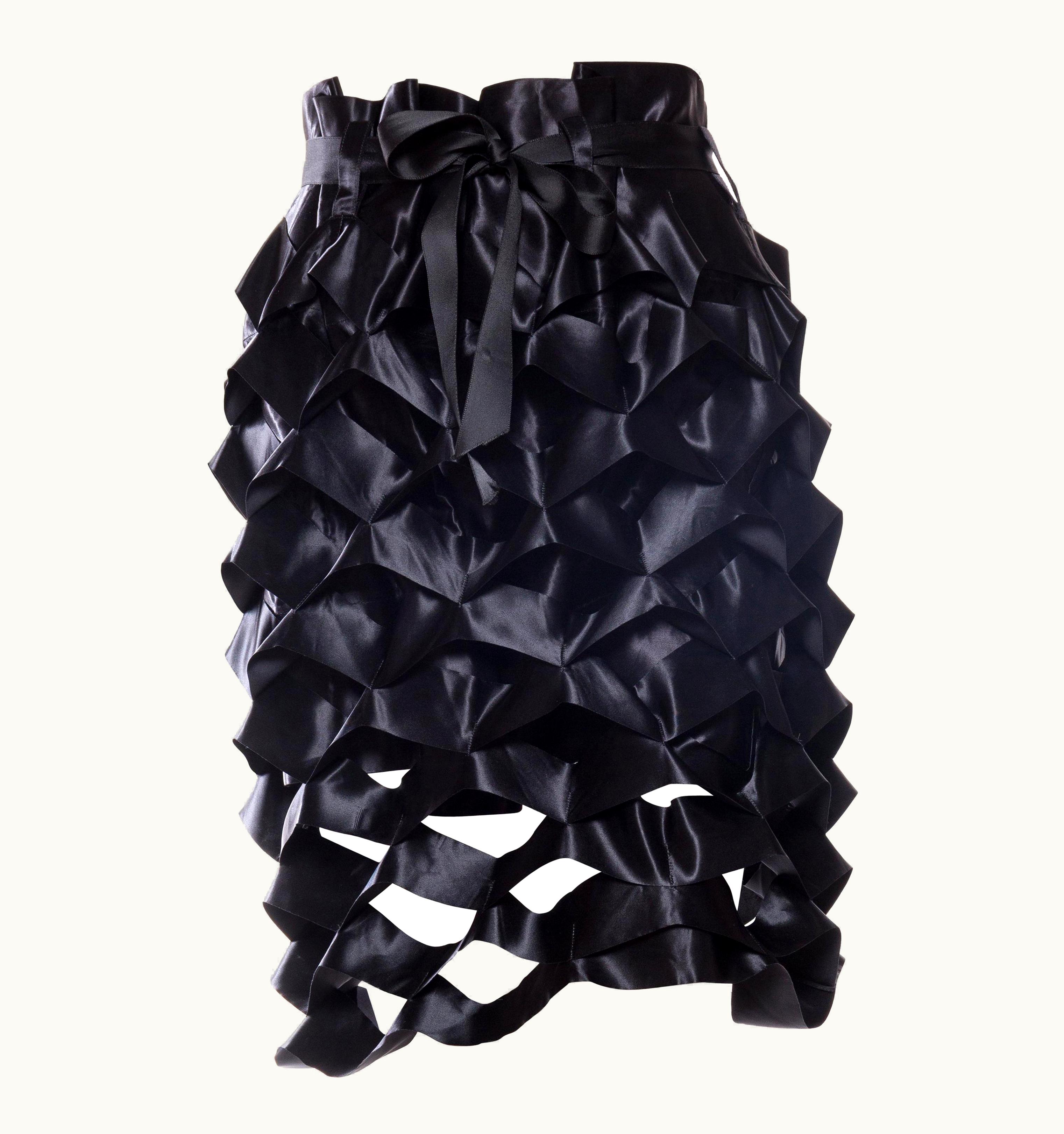 Issey Miyake 1990s Issey Miyake Black Polyester Satin Avant Garde Ribbon Accordian Skirt