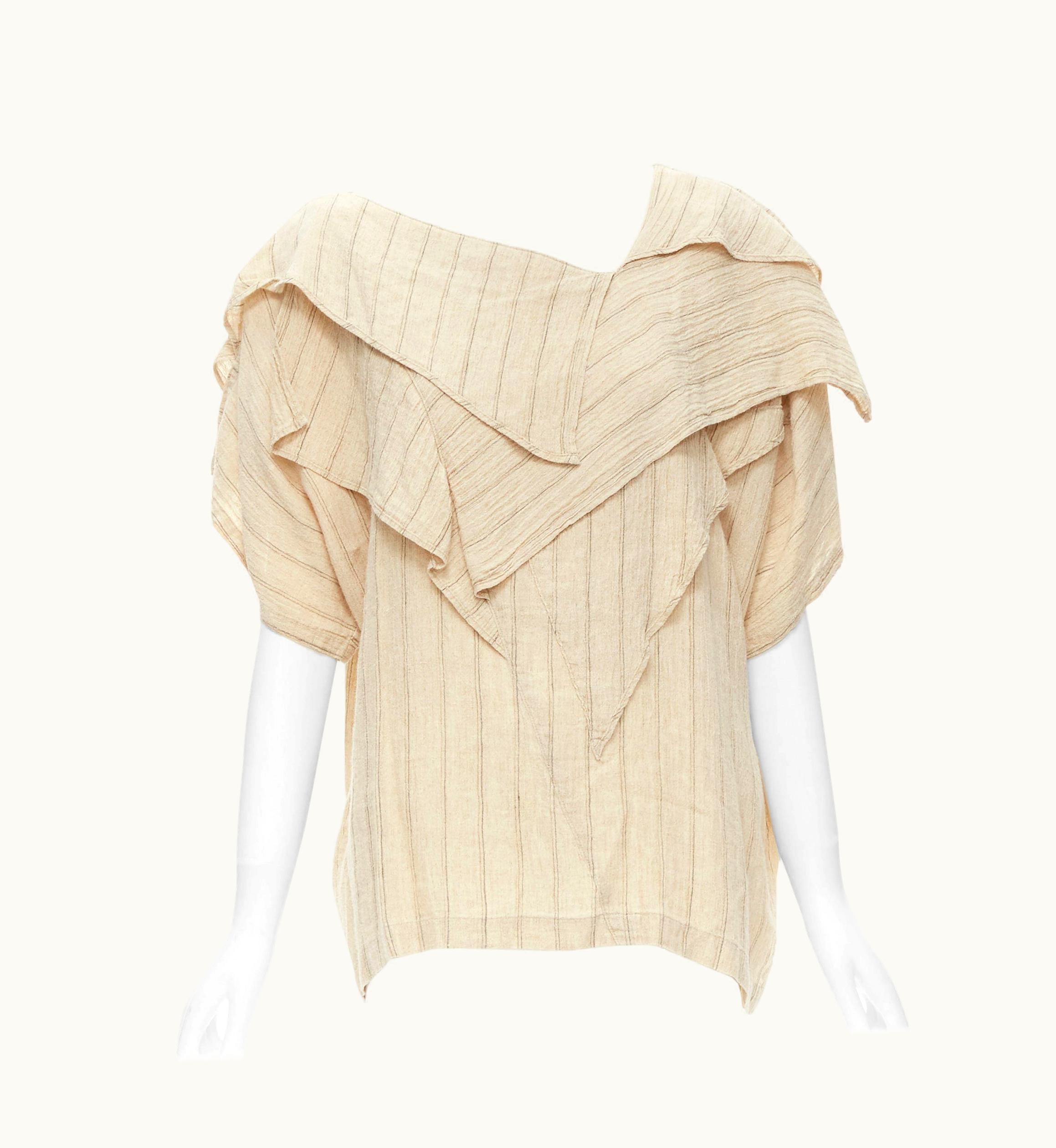 Issey Miyake Issey Miyake 1980s Beige Striped Linen Asymmetric Ruffle Collar Top