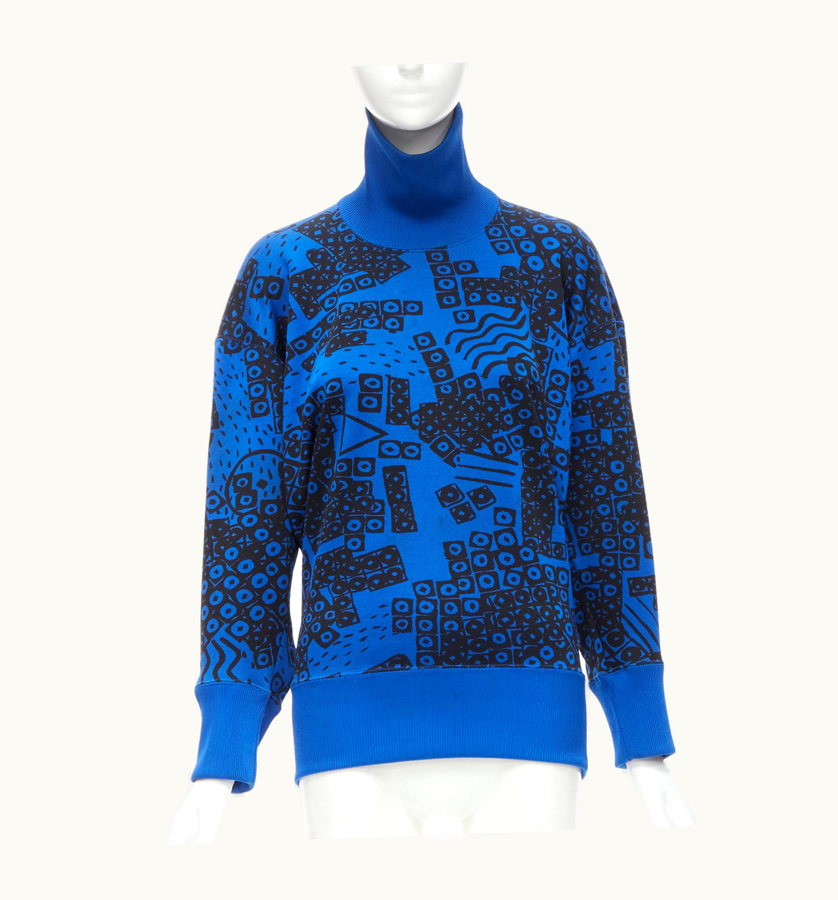 Issey Miyake Issey Miyake 1980s Blue Black Illustration Print Turtleneck Sweater Top