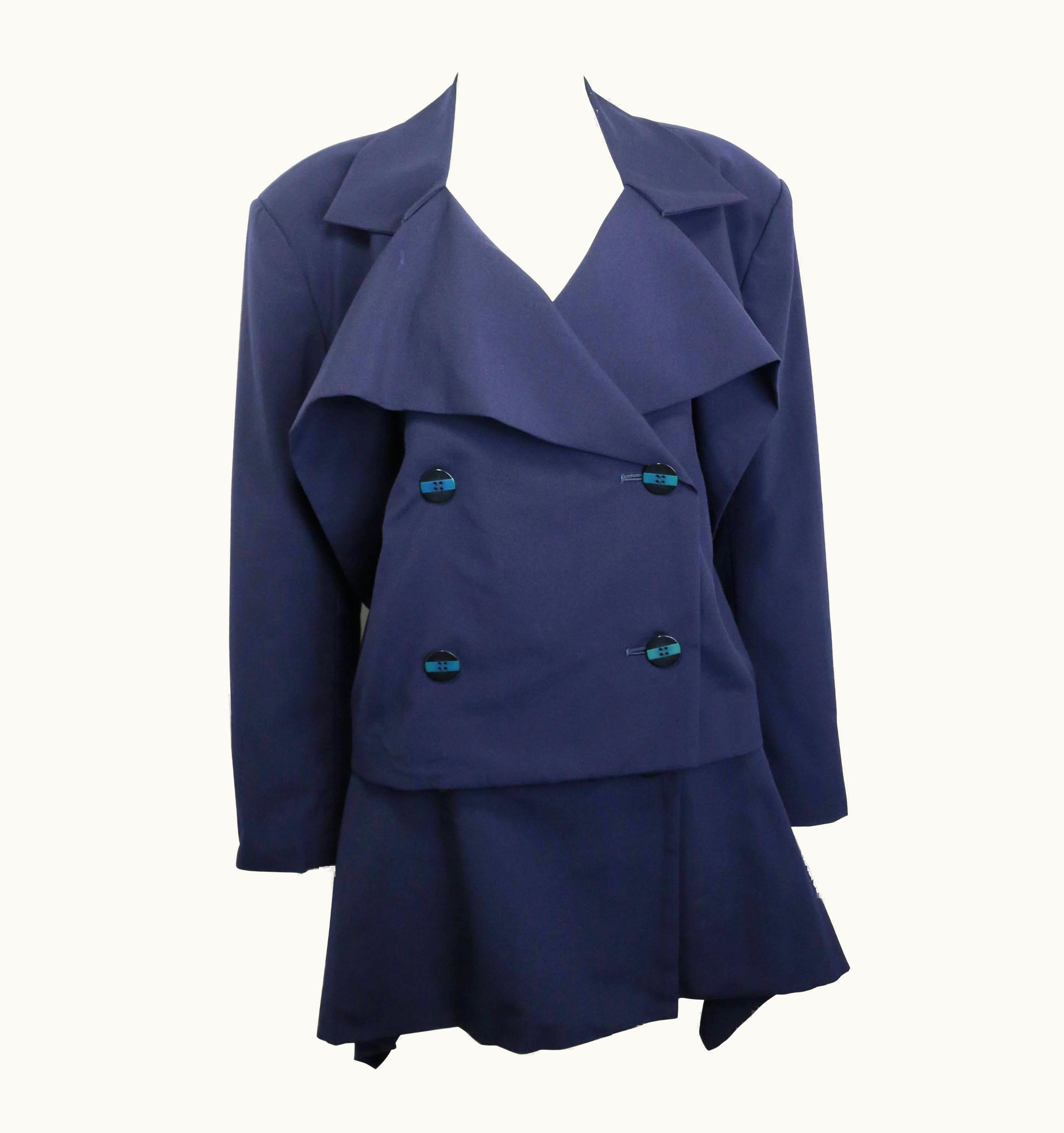 Issey Miyake 80s Issey Miyake Navy Blue Double Breasted Jacket And Skirt Ensemble