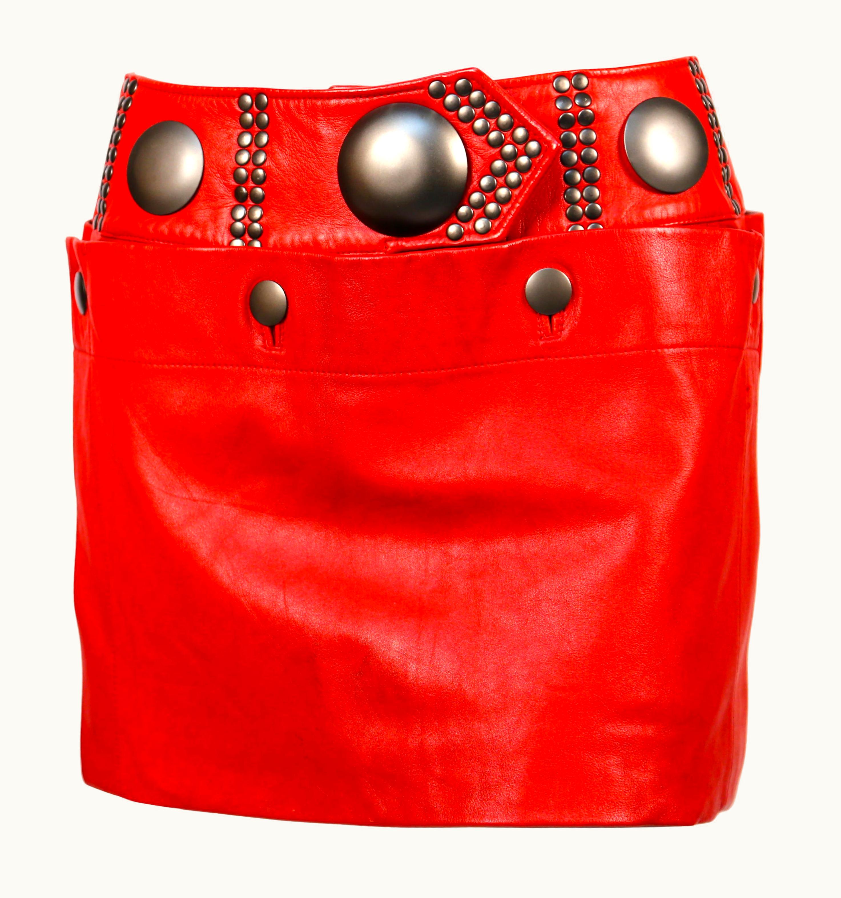 Issey Miyake Issey Miyake Unworn Red Leather Mini Skirt With Oversized Studs, 1980s