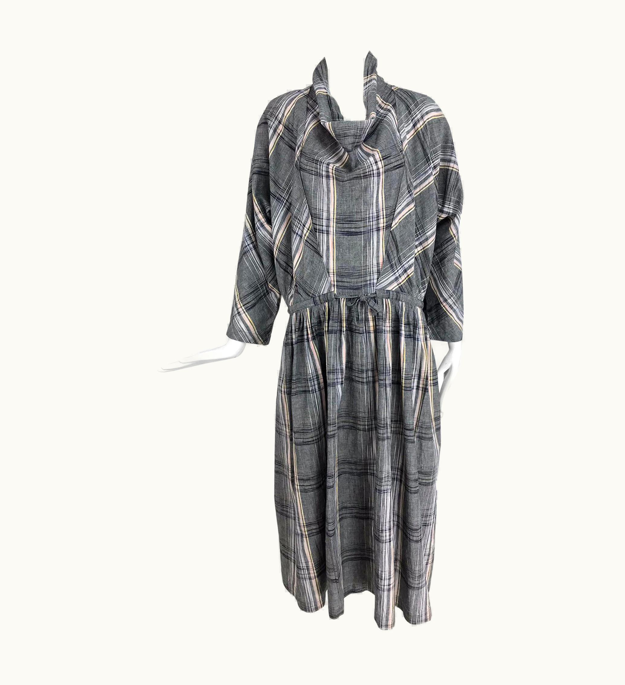 Issey Miyake Issey Miyake Funnel Neck Plaid Cotton Draw Cord Waist Dress 1980s