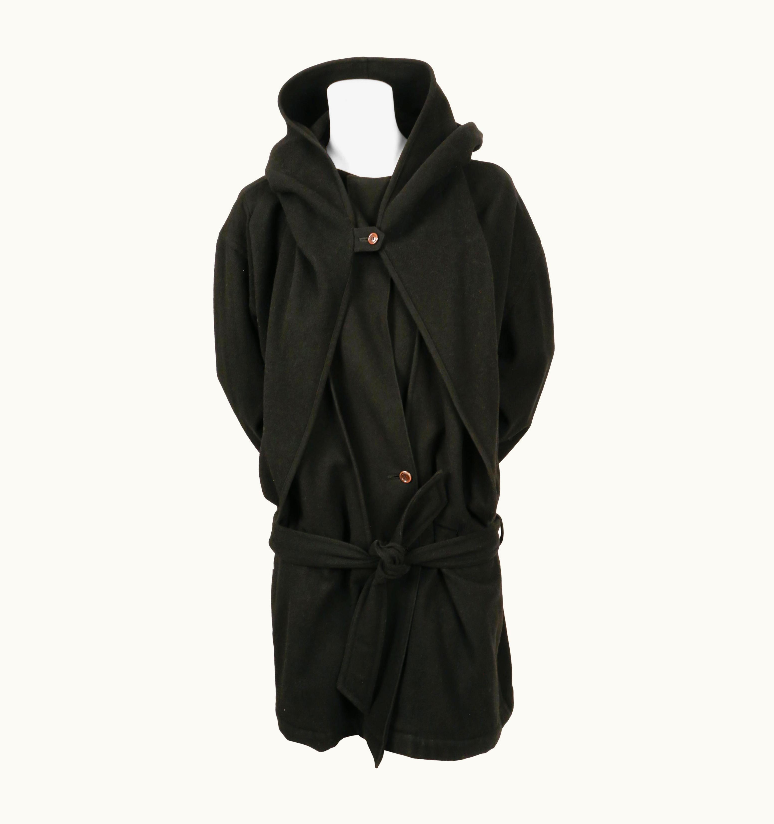 Issey Miyake 1981 Issey Miyake Black Wool Draped Wrap Runway Coat With Hood