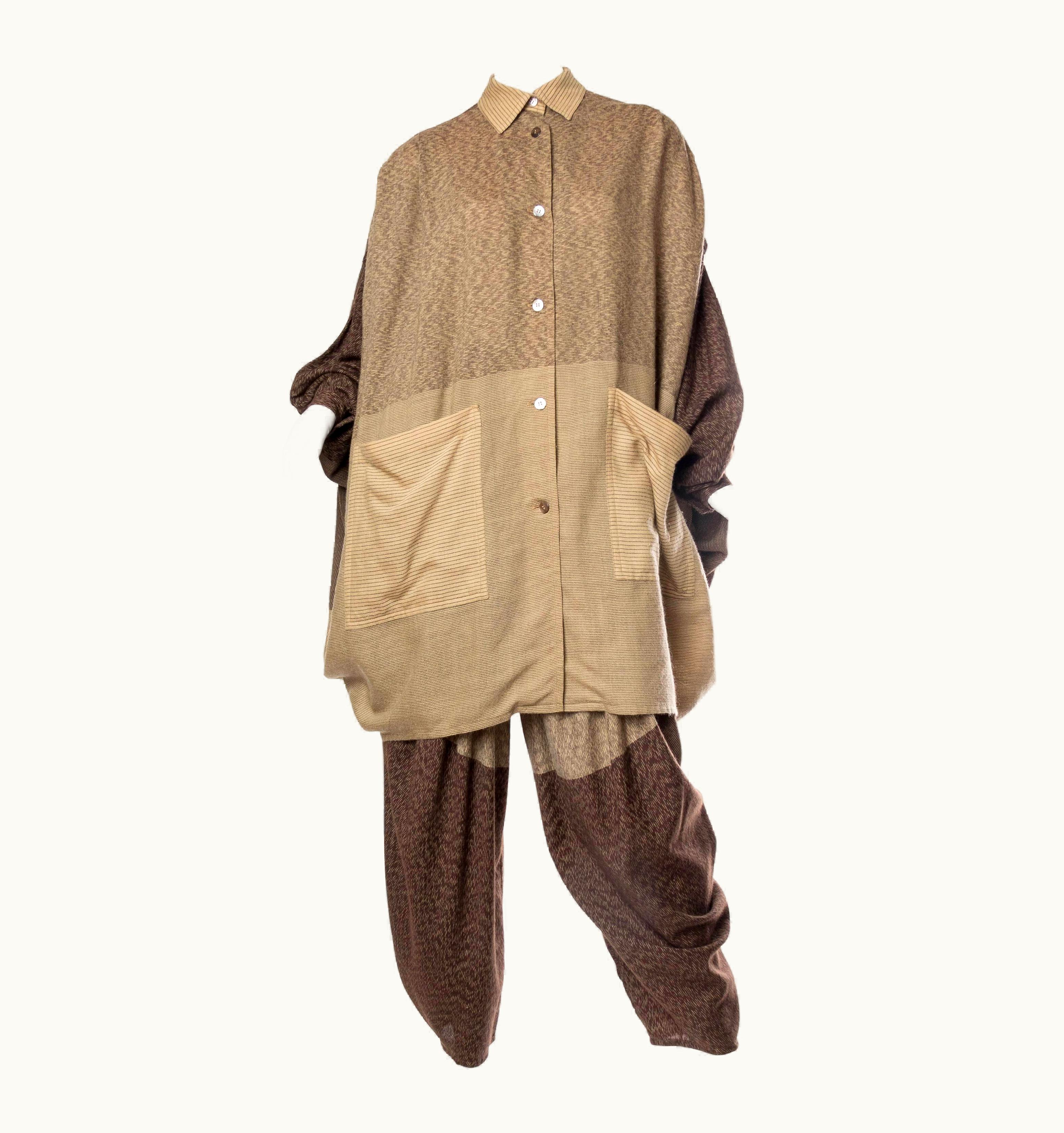 Issey Miyake 1980s Issey Miyake Tan & Brown Wool Blend Oversized Shirt Pleated Pants Ensemble