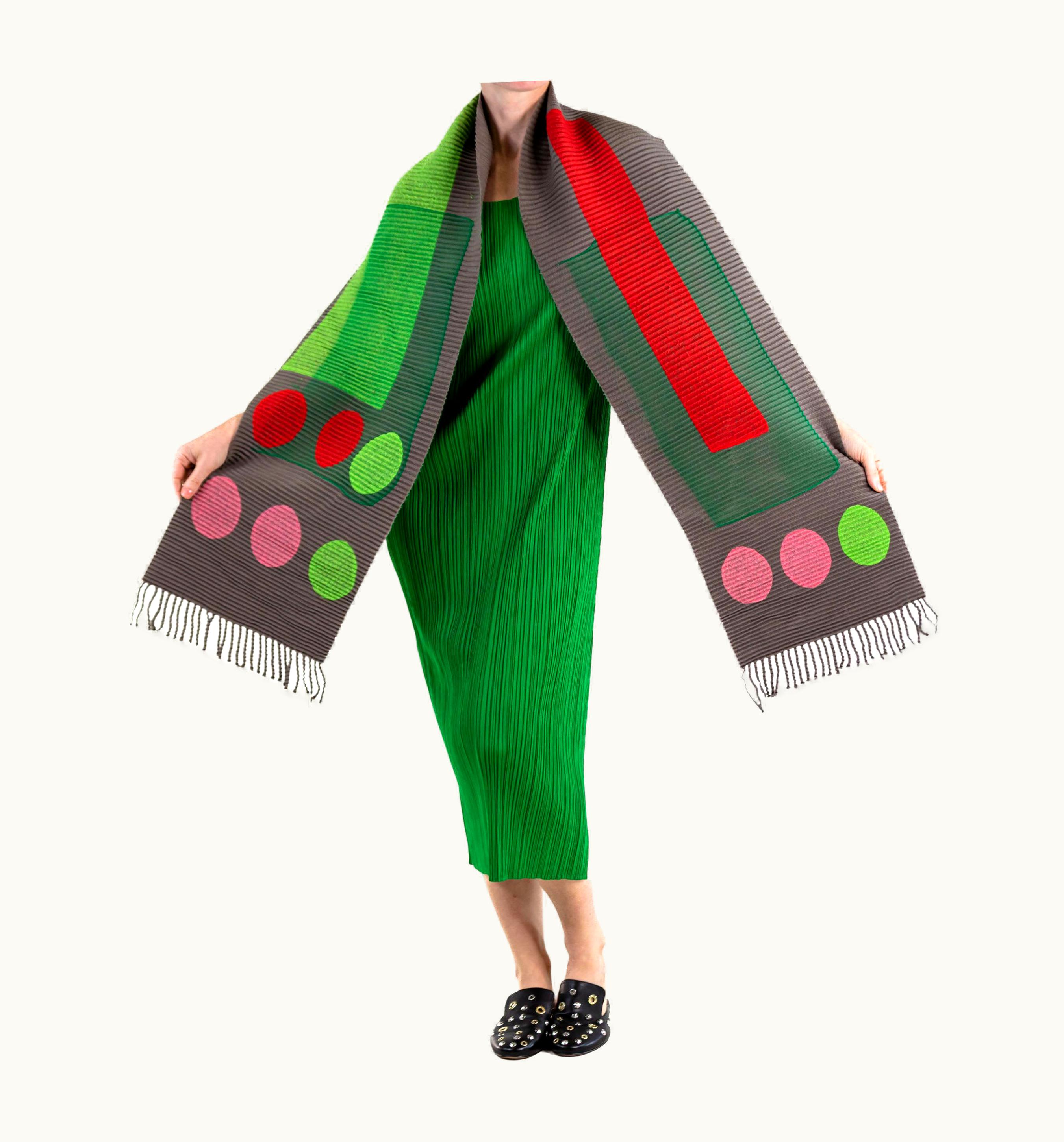 Issey Miyake 1990s Issey Miyake Grey & Green Wool Blend Scarf Pleated With Felted Geometric