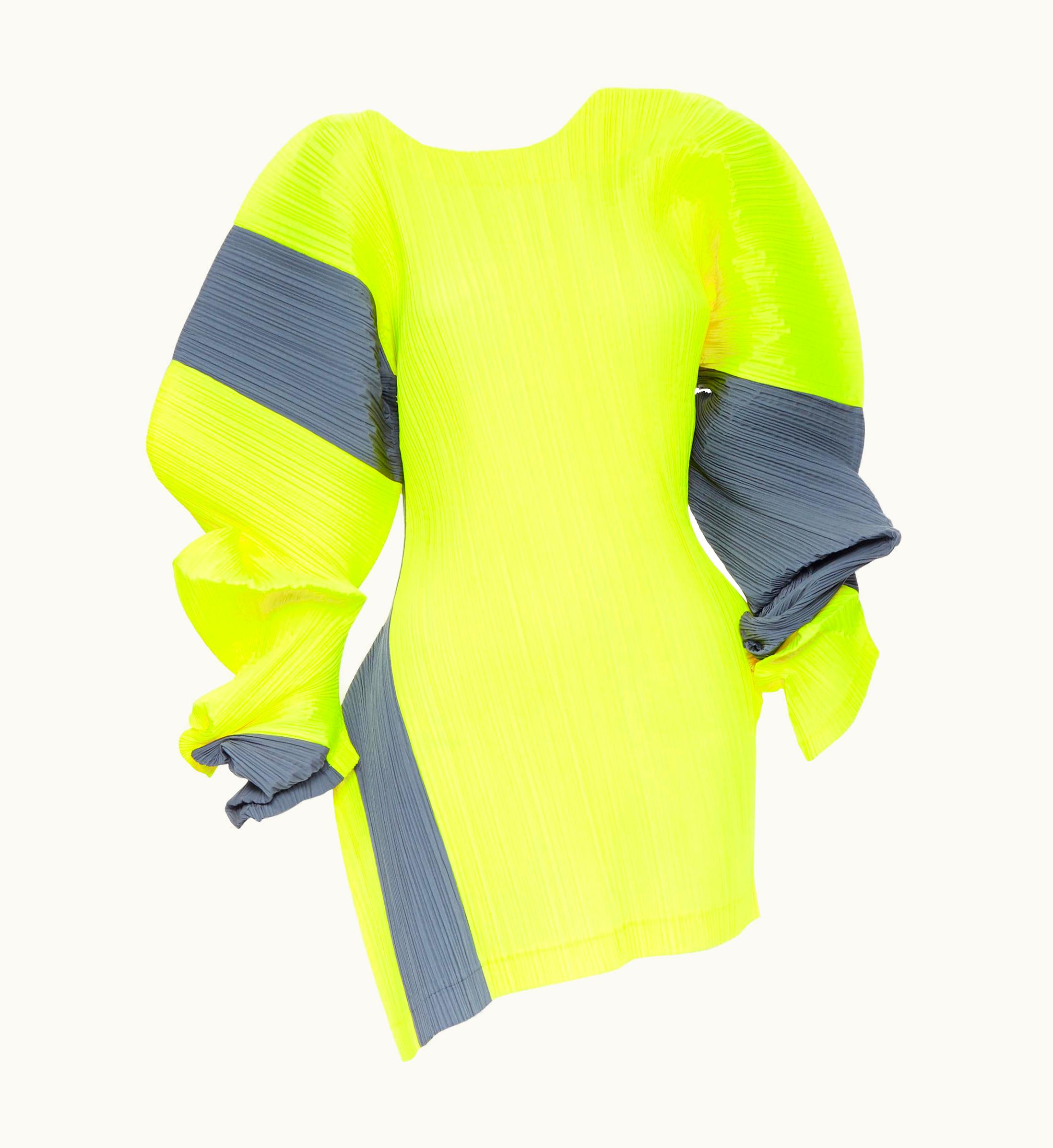 Issey Miyake Runway Issey Miyake 2d Neon Yellow Grey Pleated Voluminous Sleeves Dress