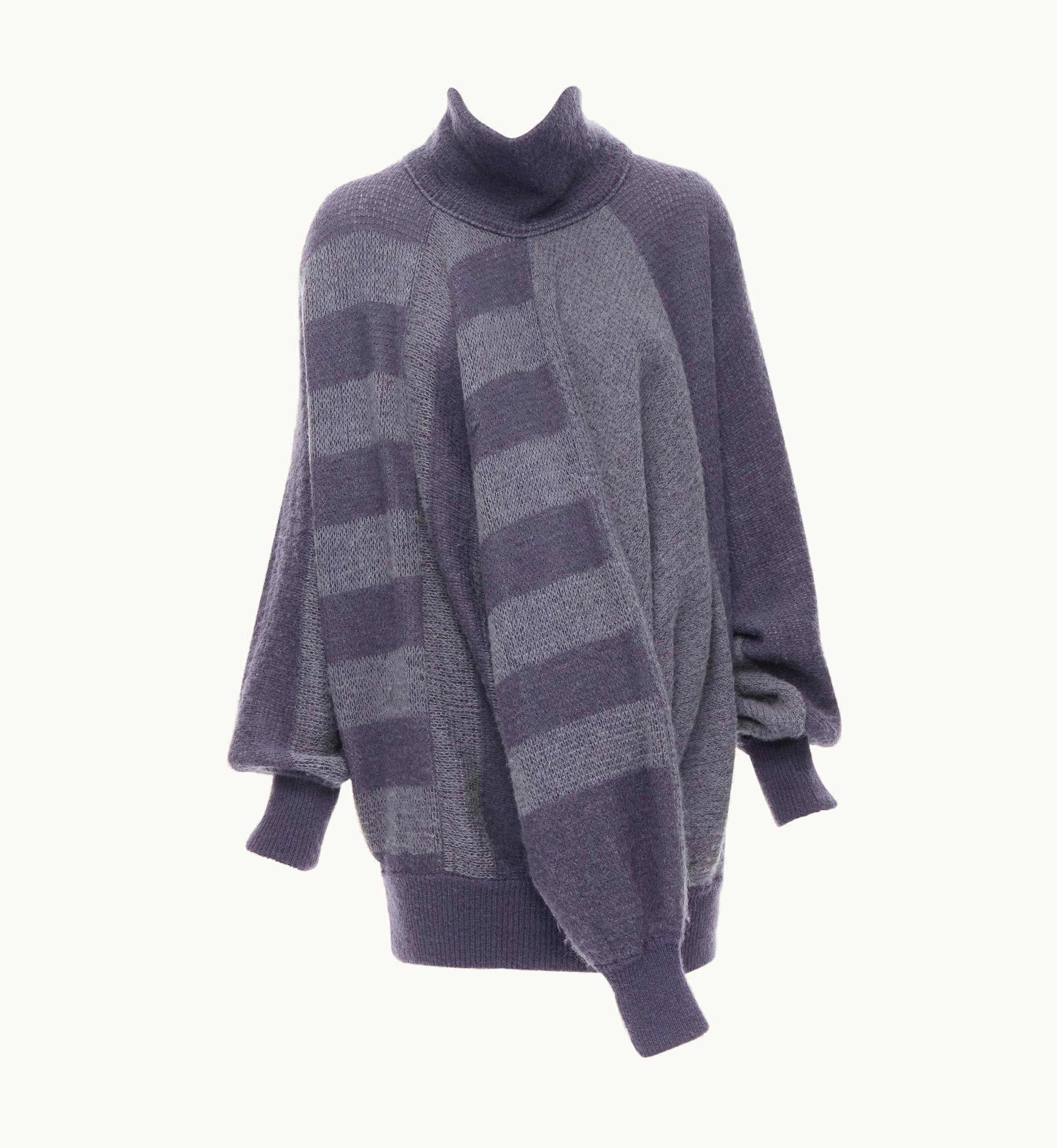 Issey Miyake Vintage Issey Miyake 1980s Purple Striped 3 Sleeve Draped Turtleneck Sweater Dre